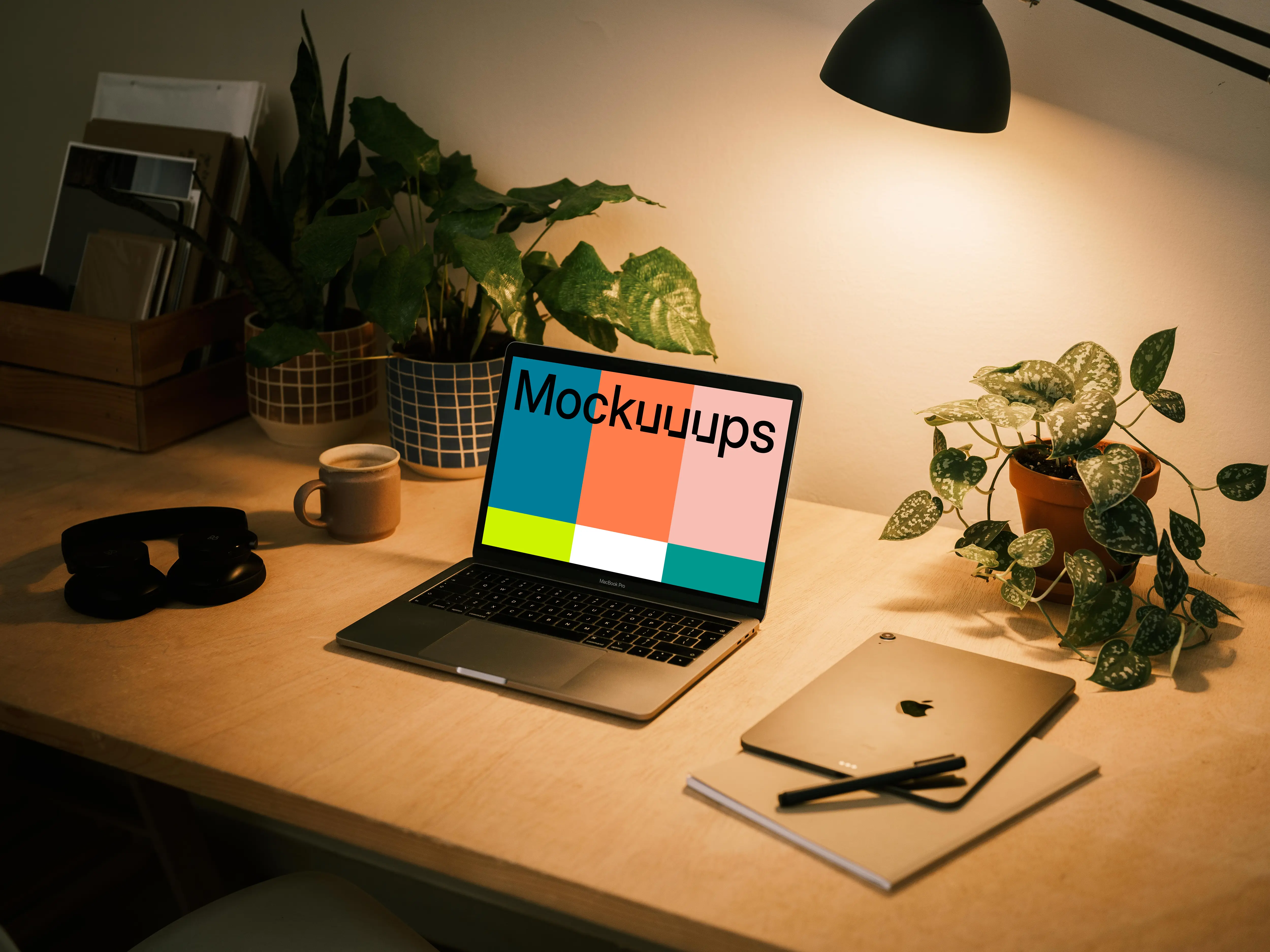 MacBook Pro mockup with a notepad and iPad Air at the side