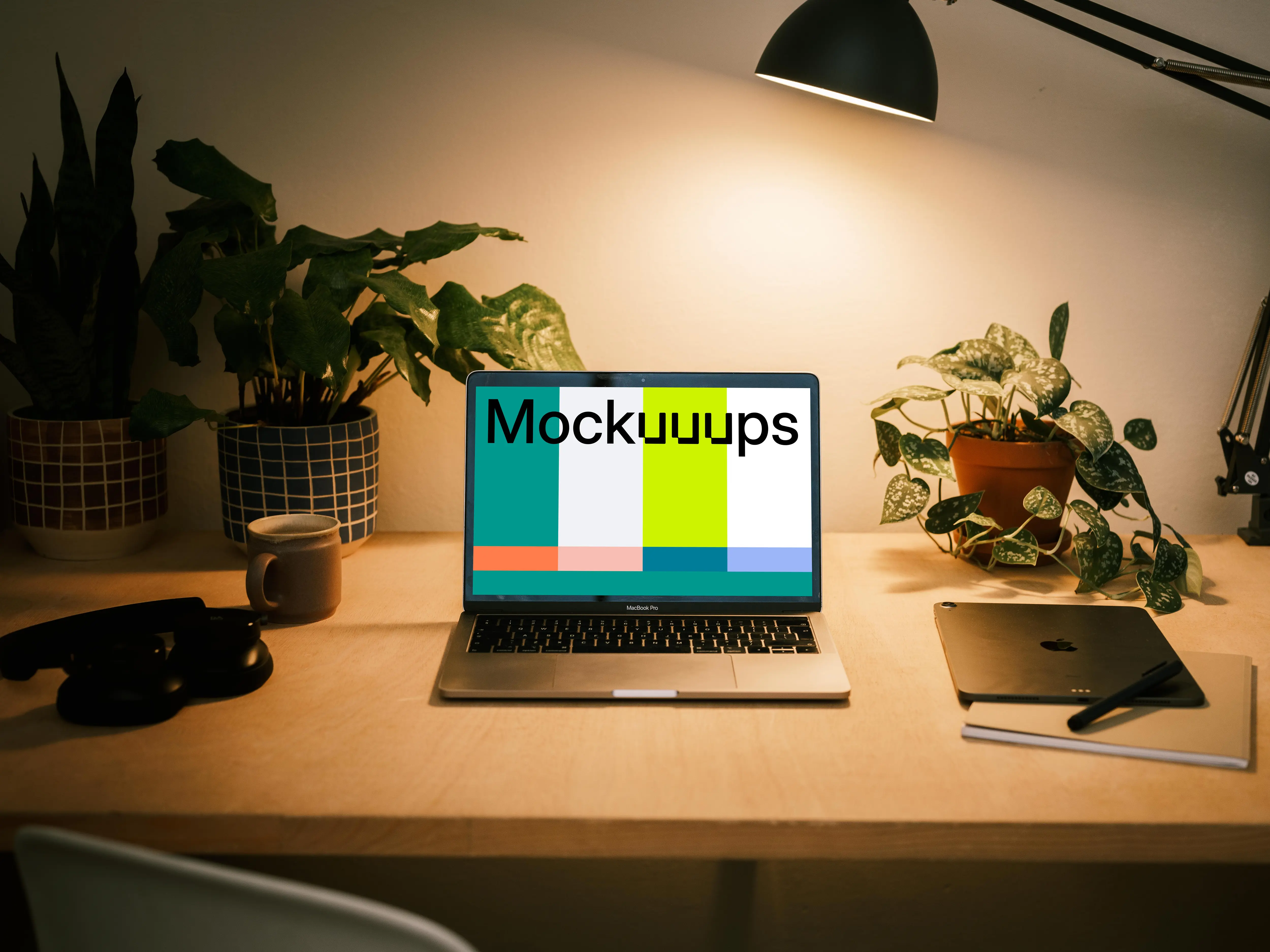 MacBook Pro mockup with a pair of headphones at the side