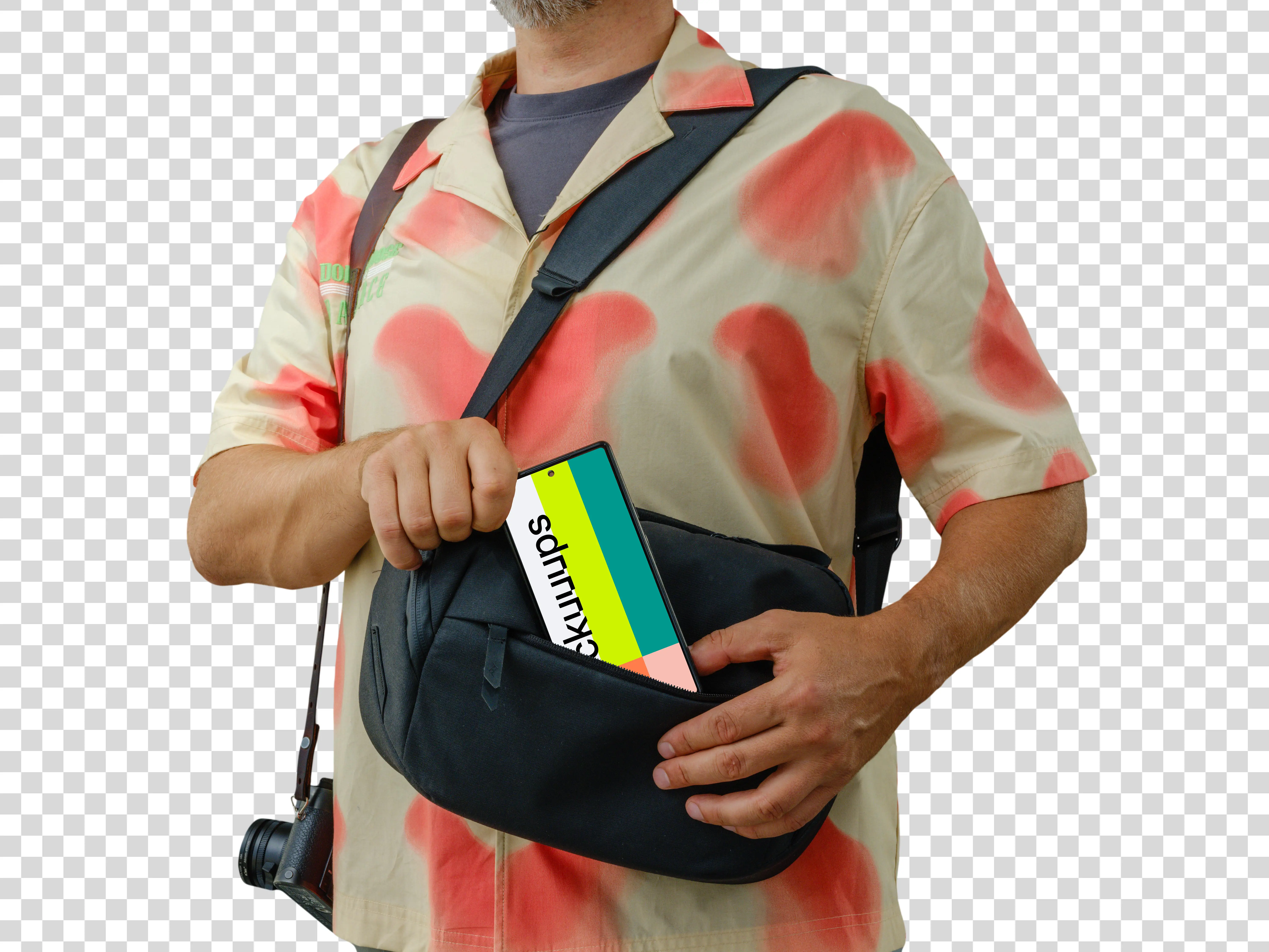 Male traveller and a Google Pixel mockup