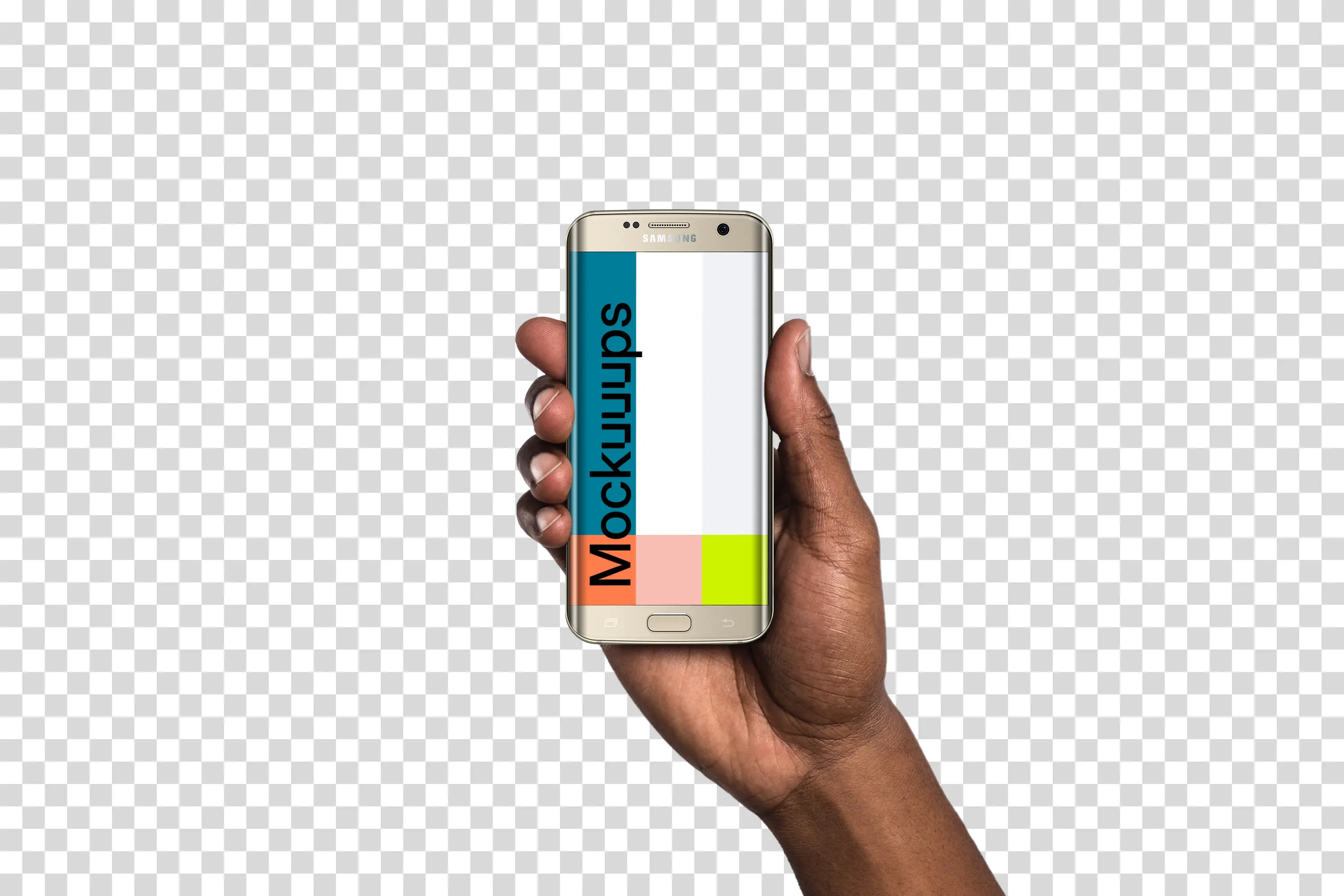 Man holding Samsung Galaxy S7 Gold Mockup (Black skin)