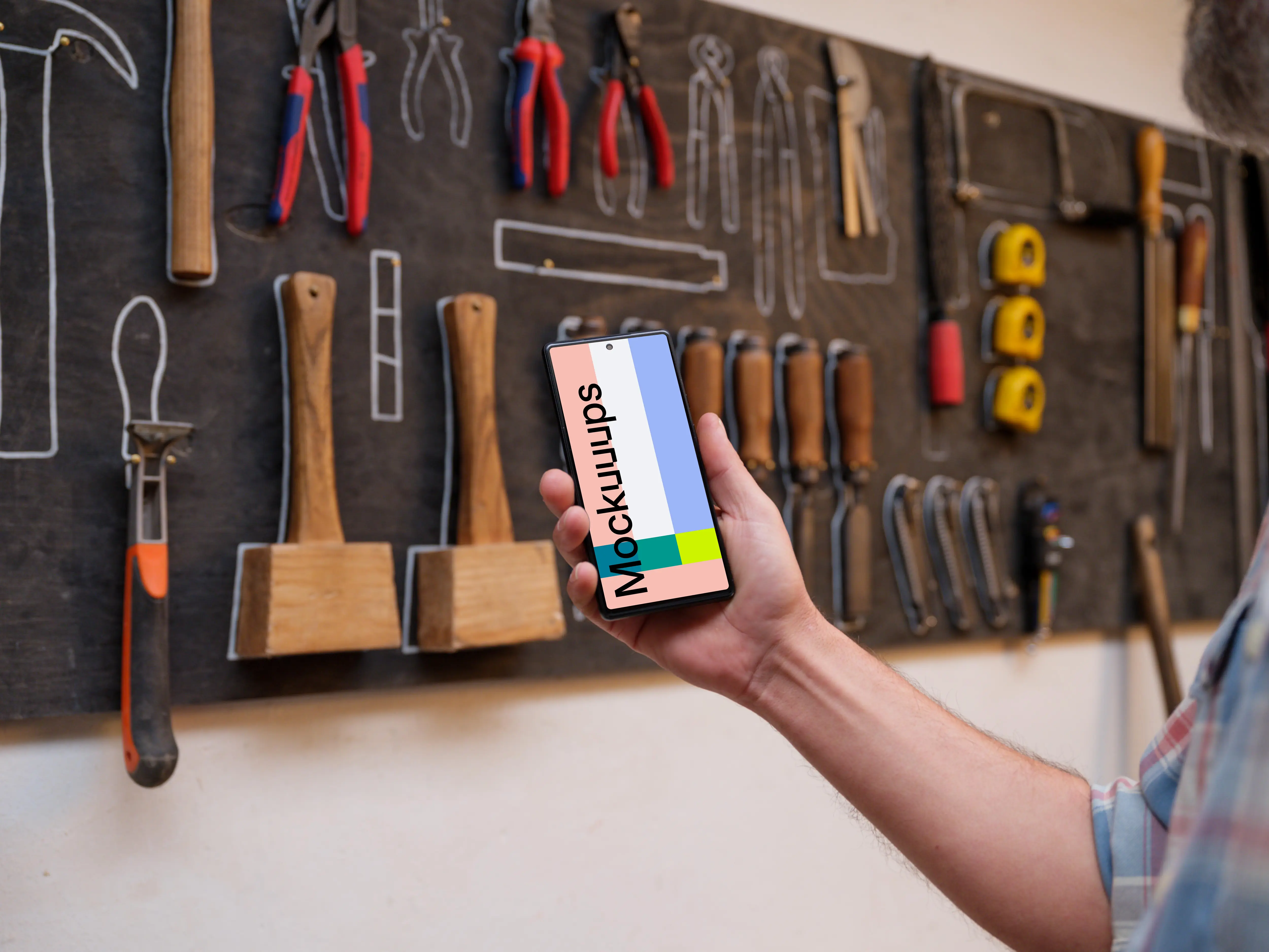 Mechanic holding a phone in front of a wall with tools