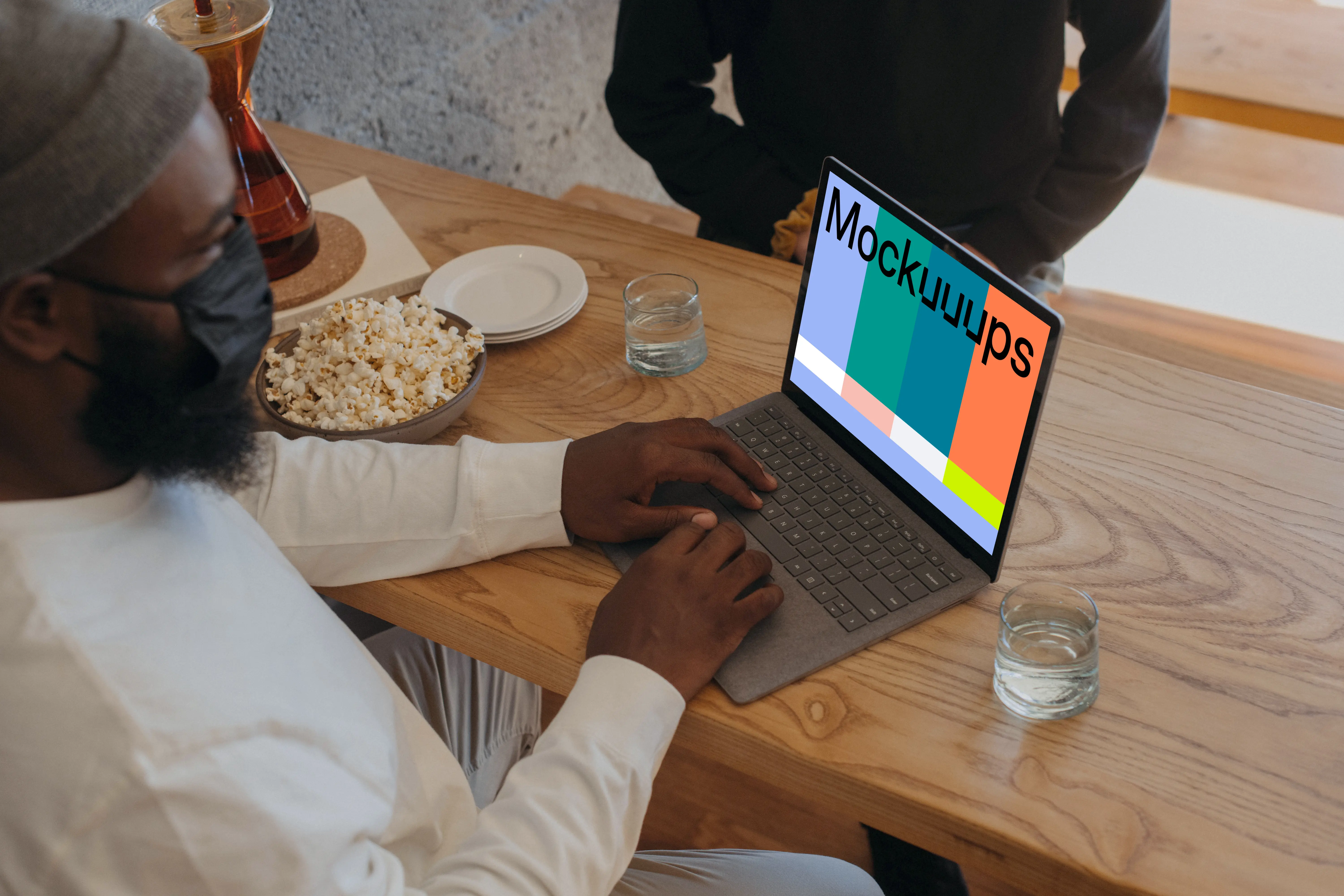 Microsoft Surface laptop mockup on a restaurant table