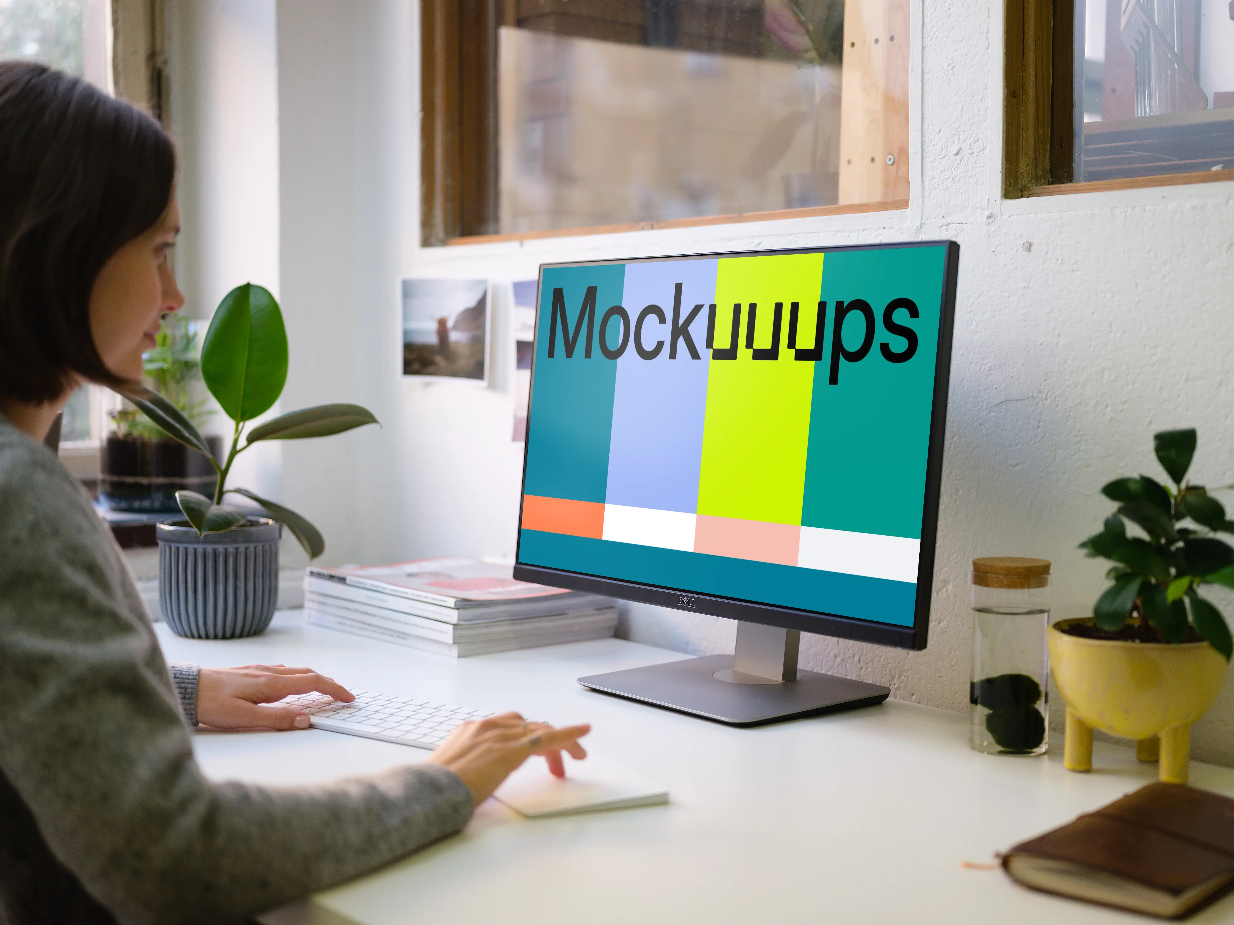 Mockup of young woman working on the computer