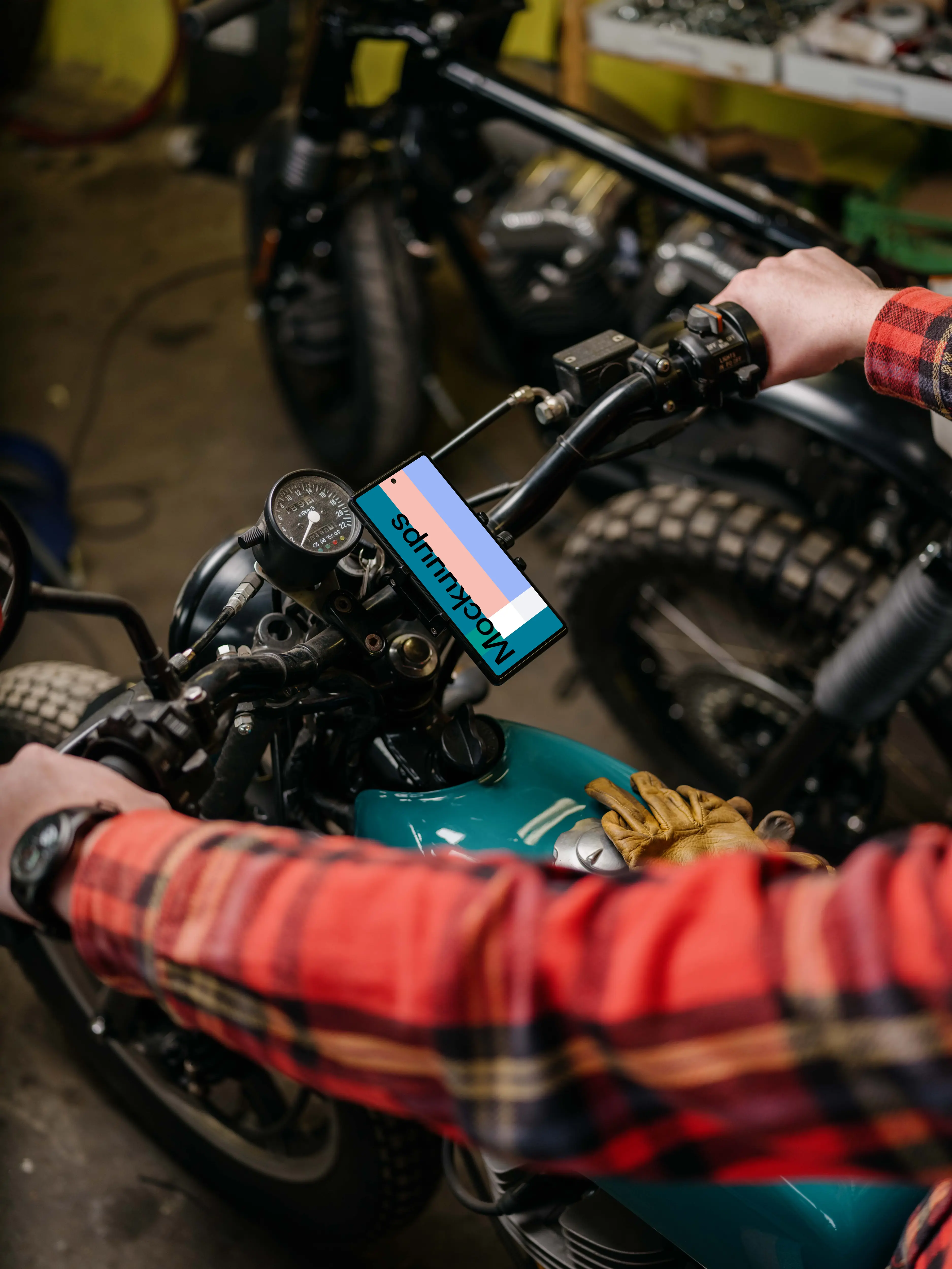 Motorcycle mechainc using a Pixel 6 mockup