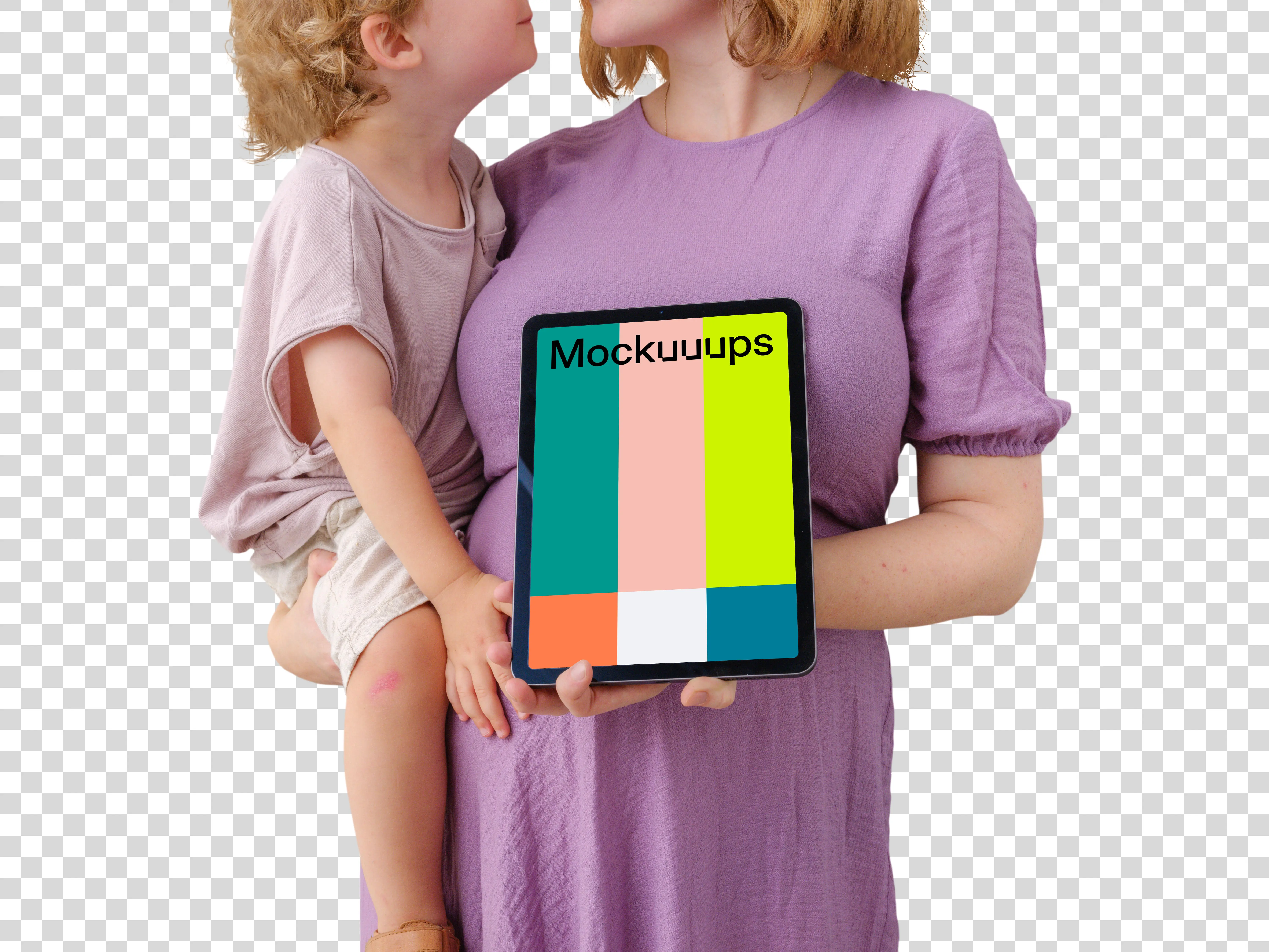 Parent with child and iPad mockup