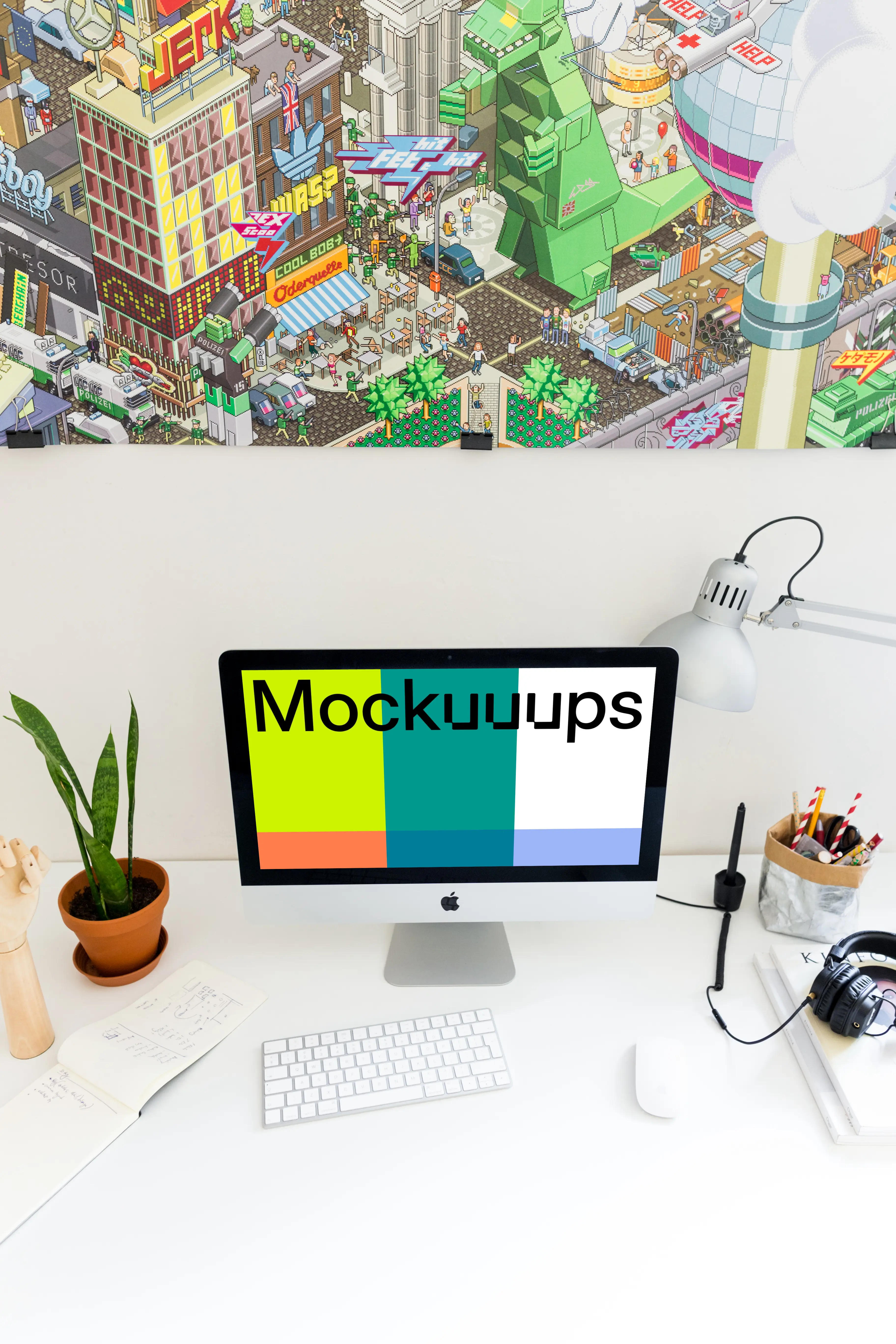 Perspective view of iMac mockup in the office