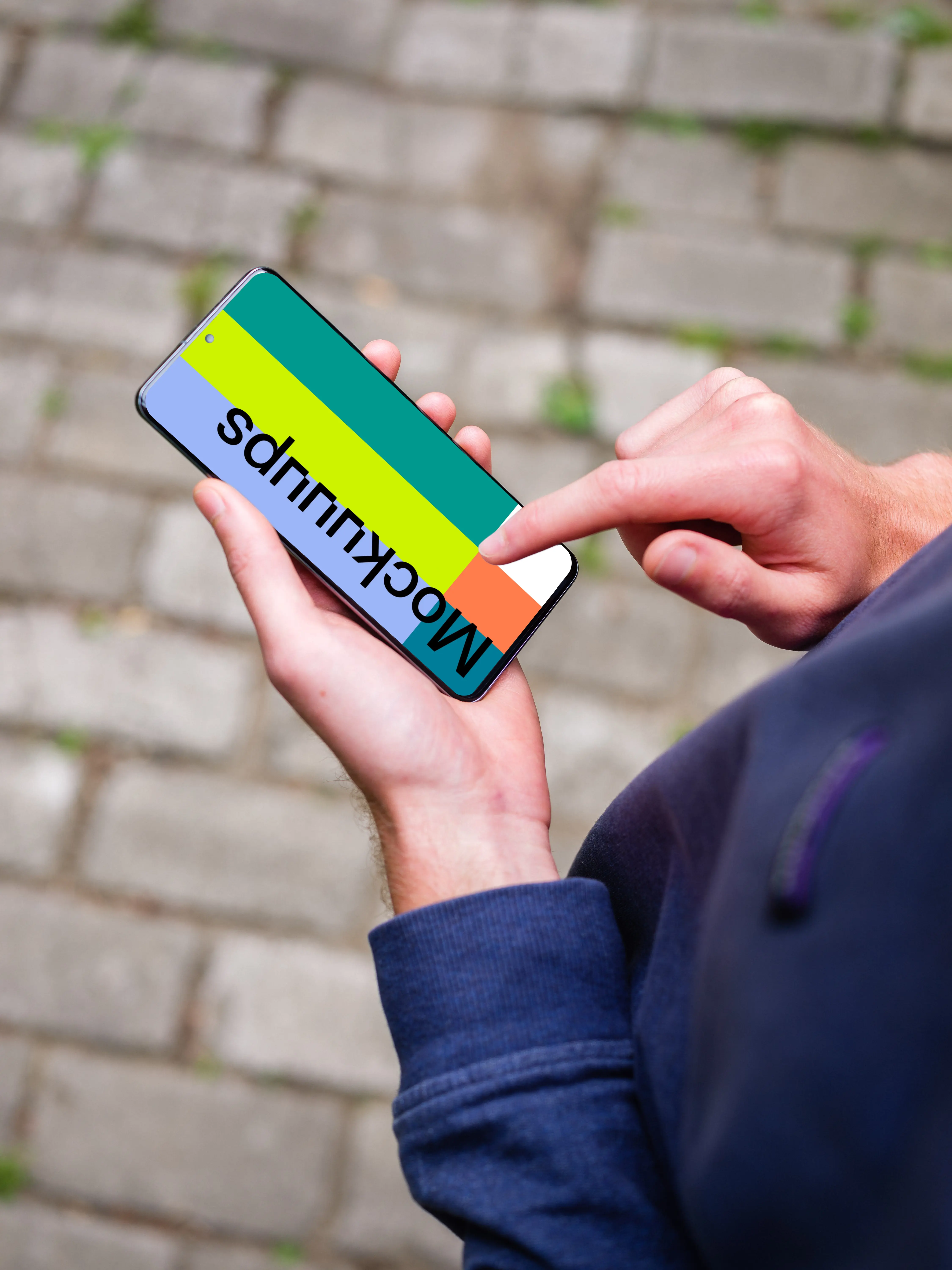 Pointing on Samsung Galaxy S20 mockup in the garden