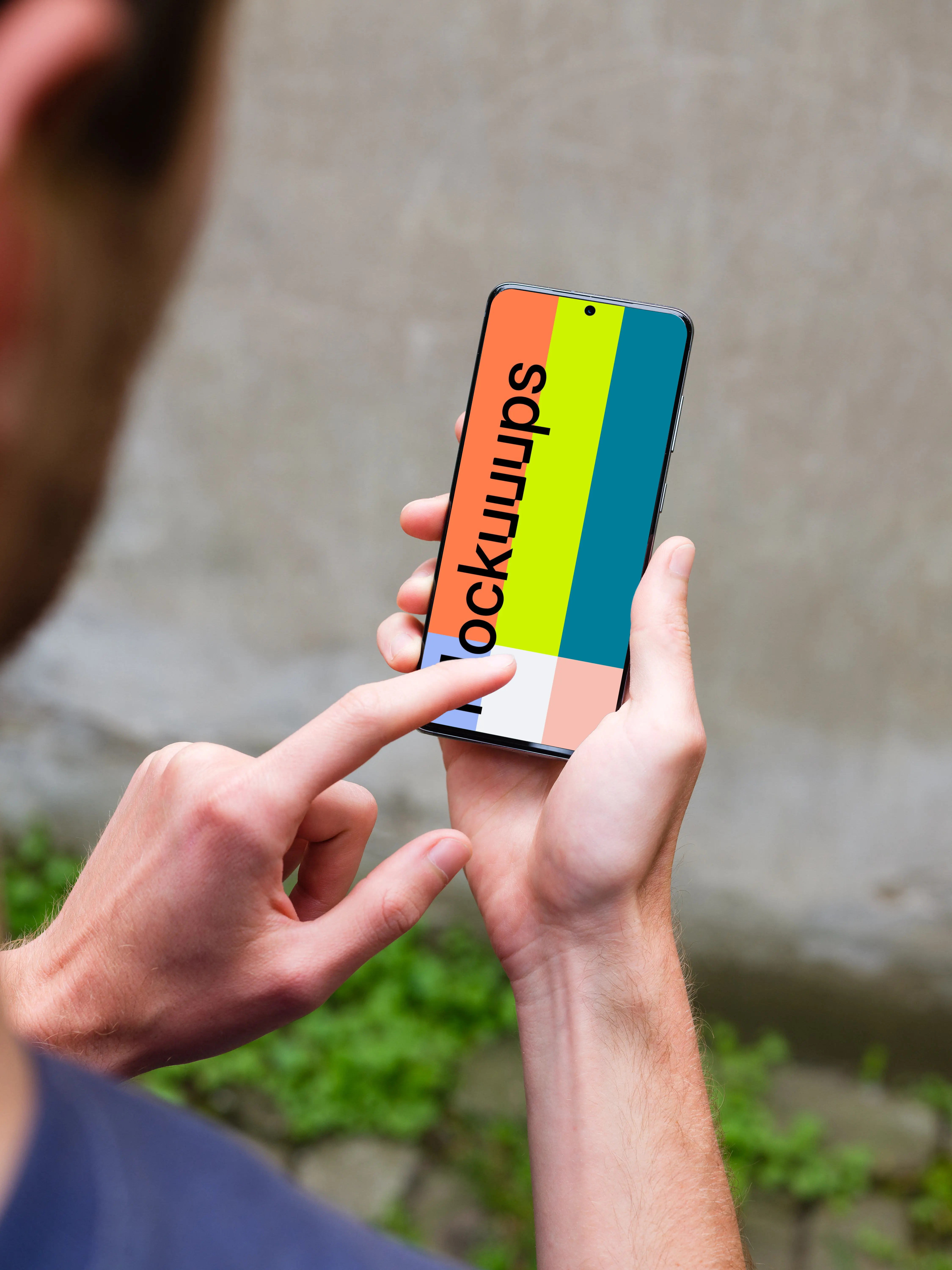 Pointing on Samsung Galaxy S20 mockup outdoors