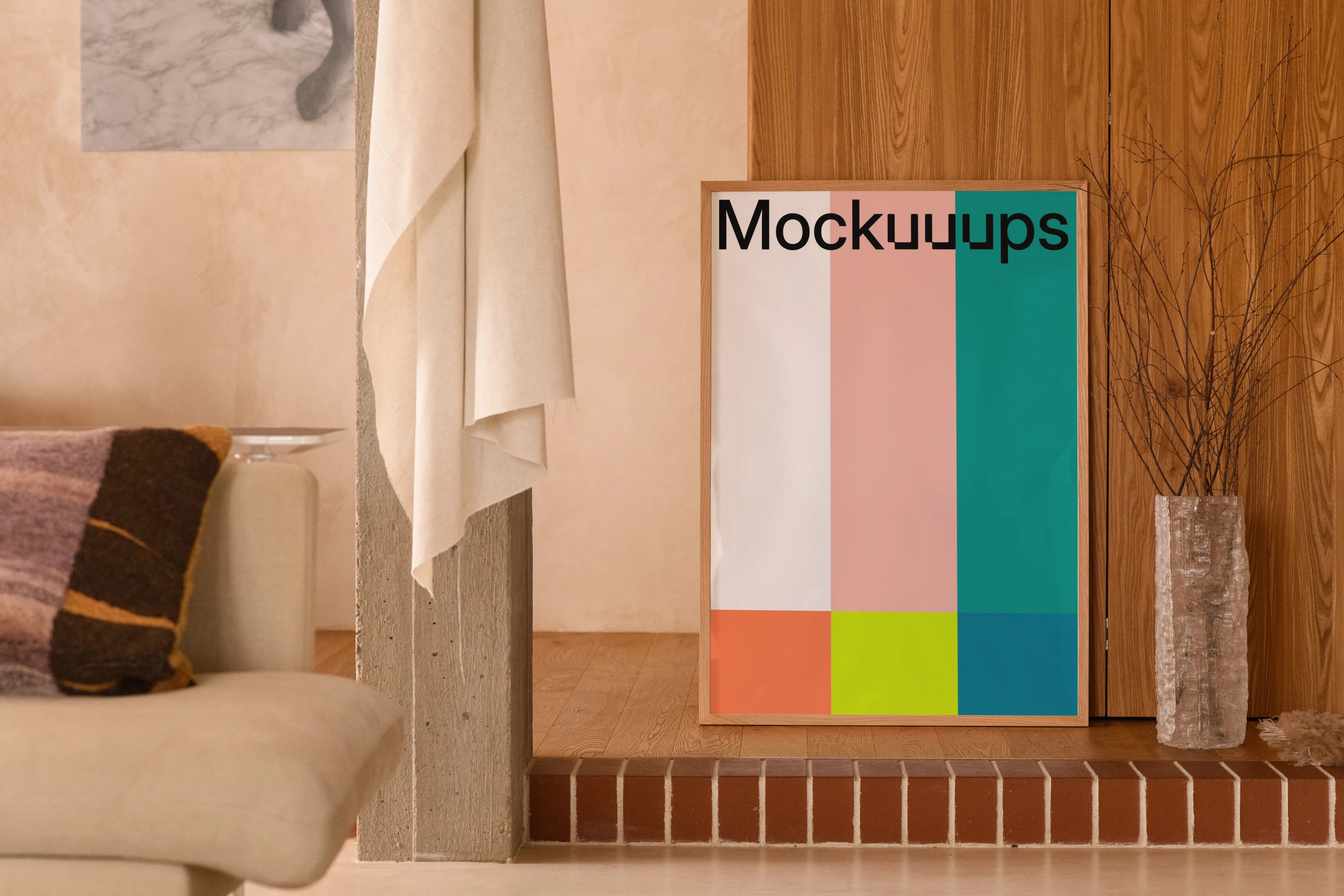 Poster mockup in a cozy living room corner