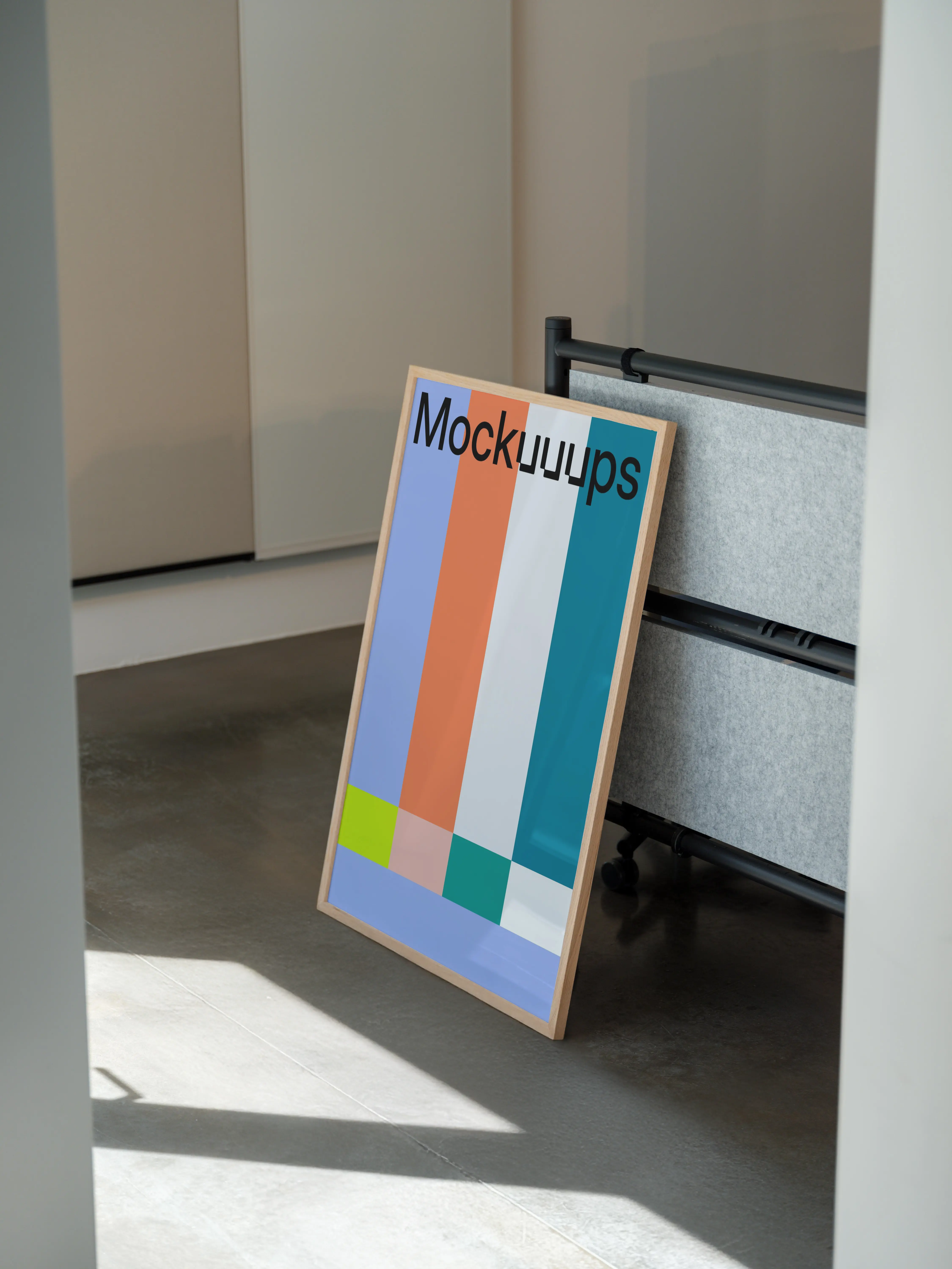 Poster mockup leaning against an office partition
