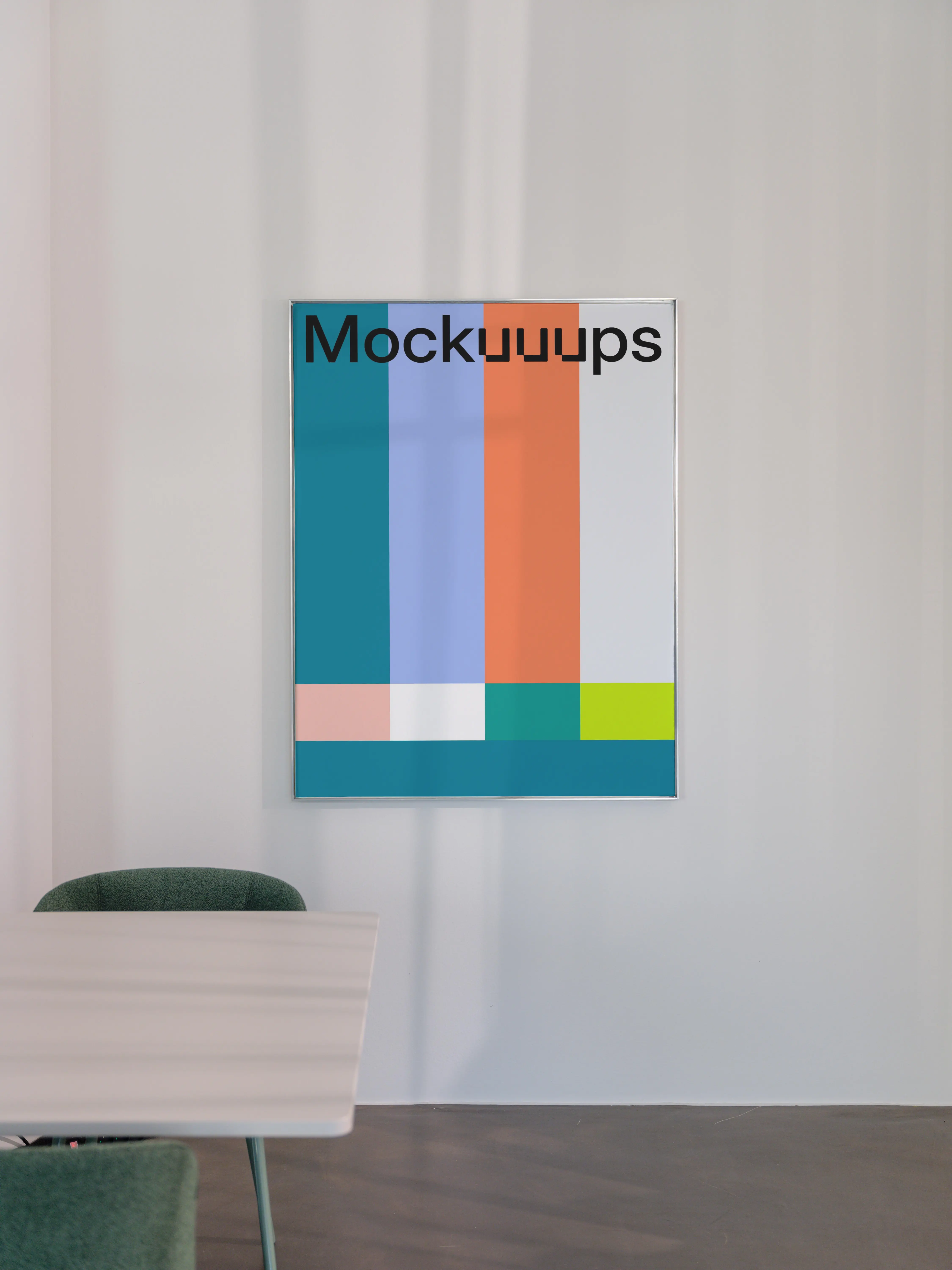 Poster mockup on a minimal white wall with furniture
