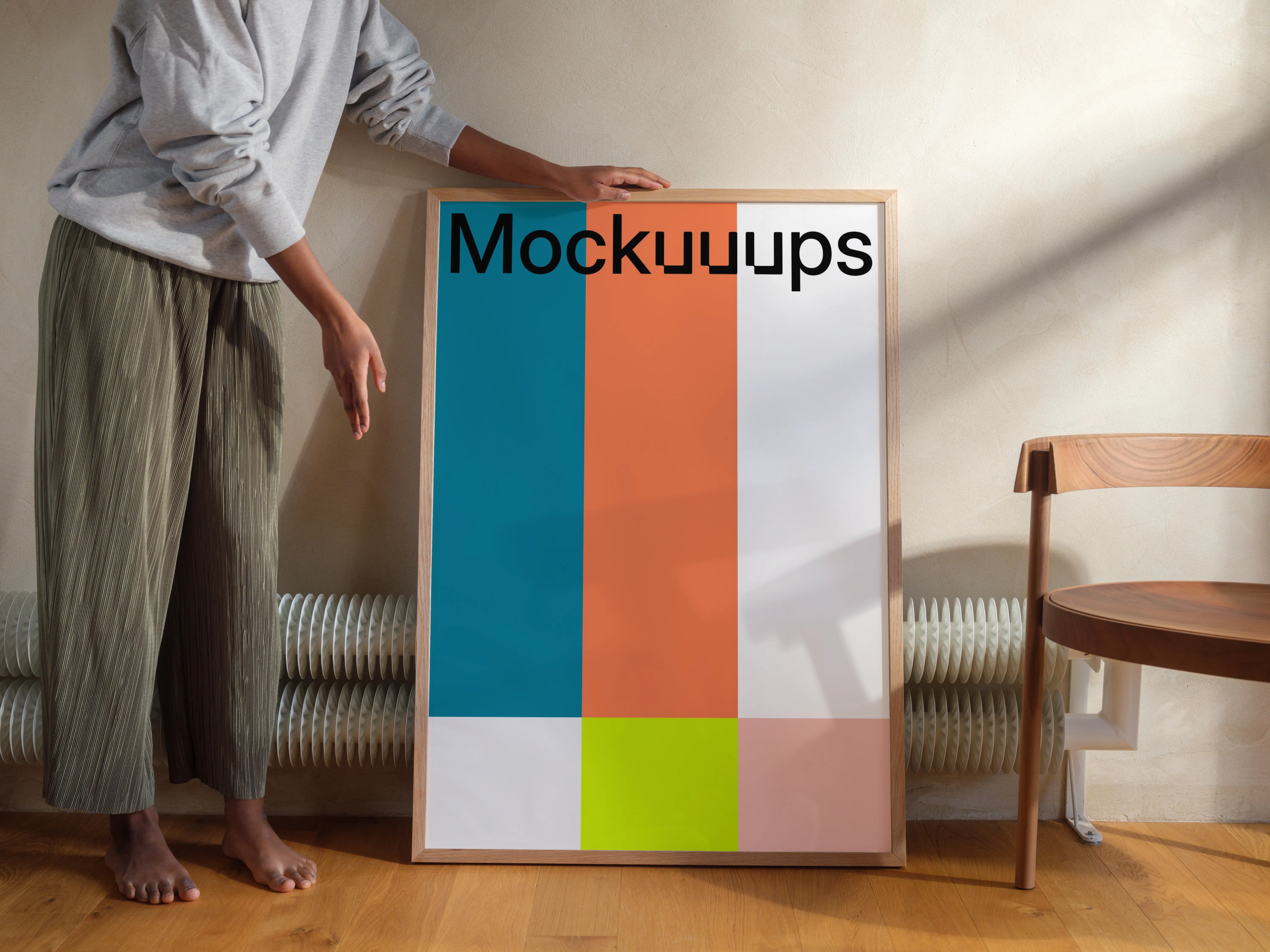 Poster mockup with wooden frame in cozy interior setting