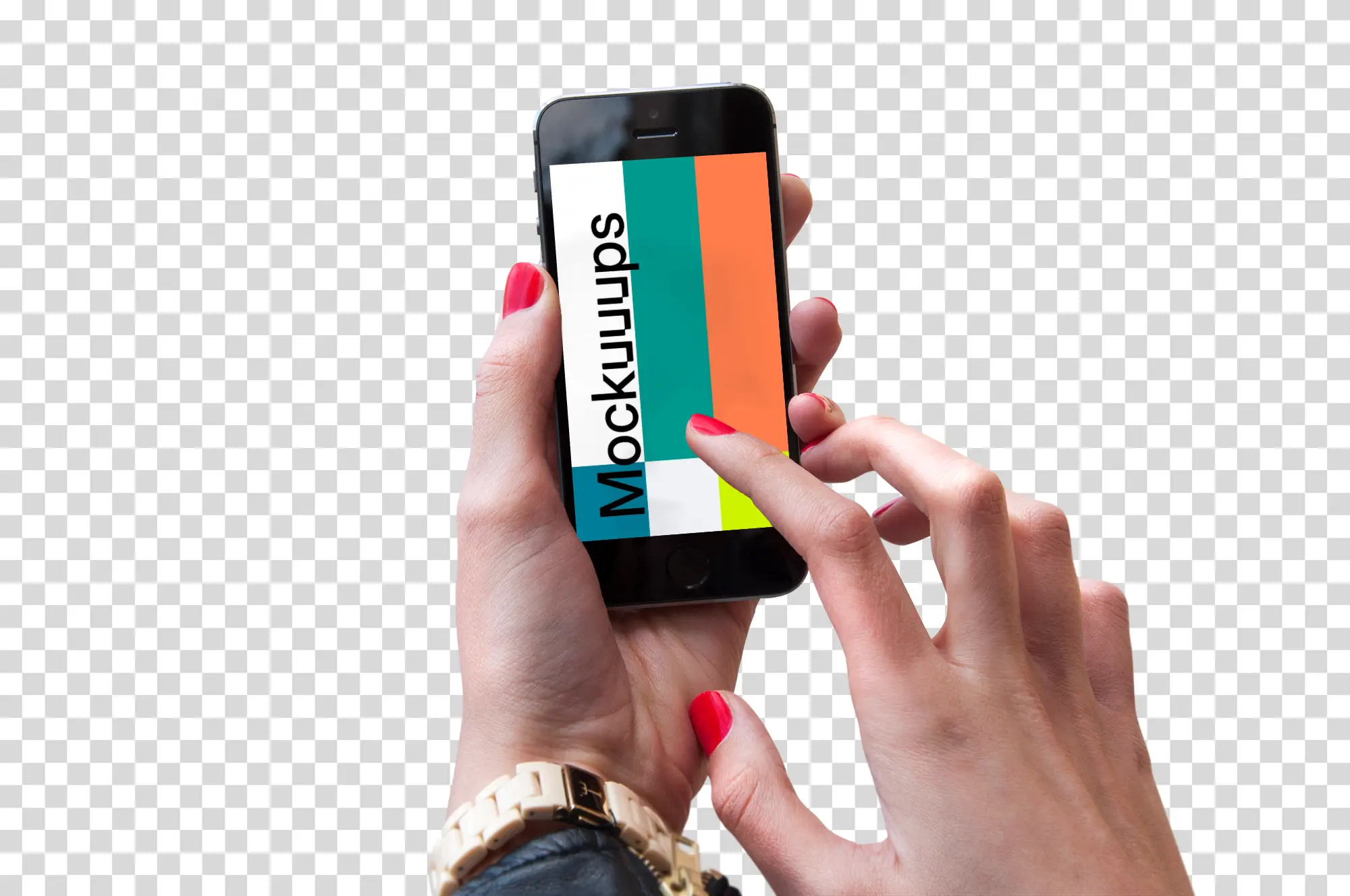 Red nails pointing on iPhone SE mockup