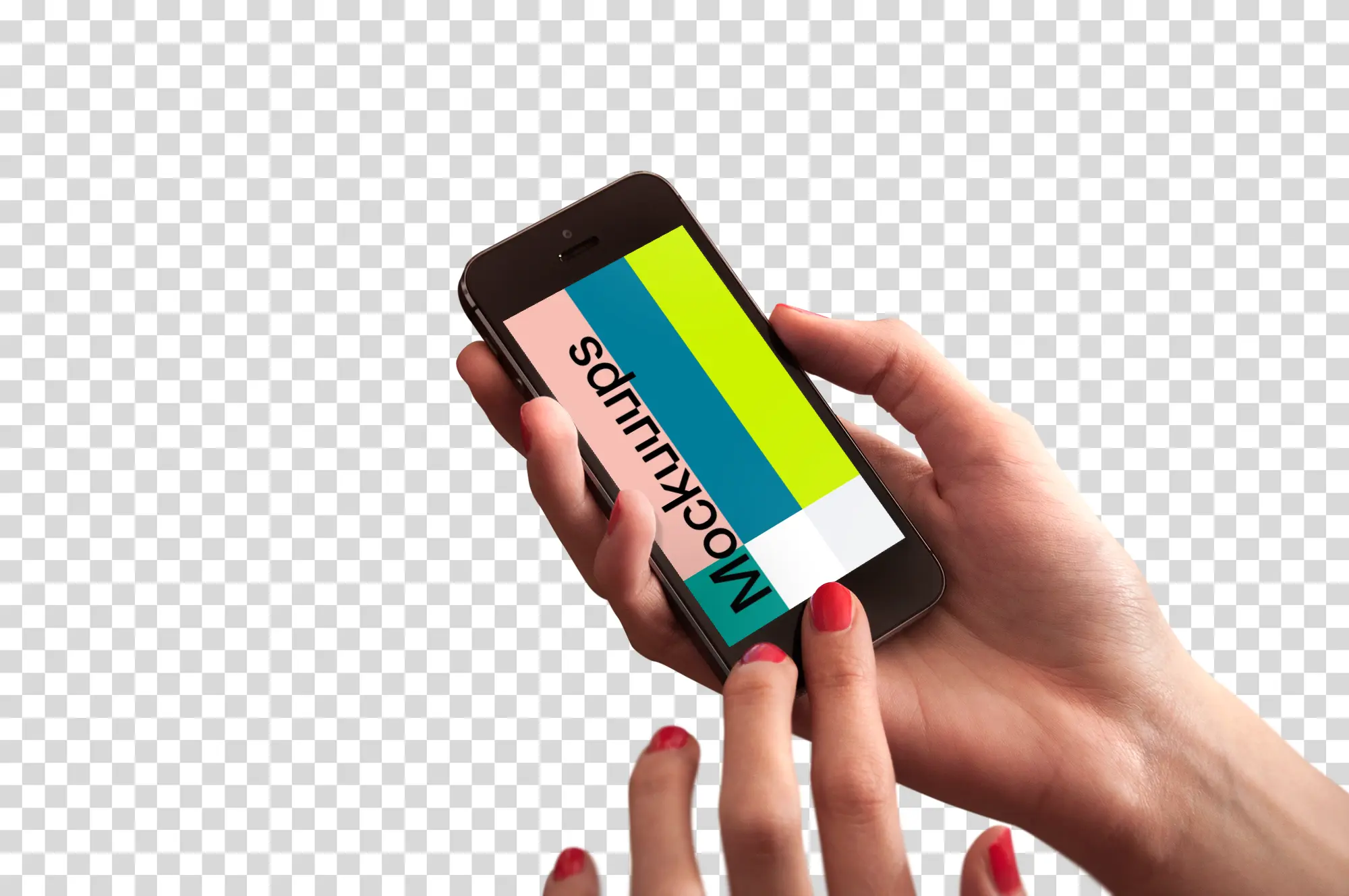 Red nails touching home button on iPhone SE mockup