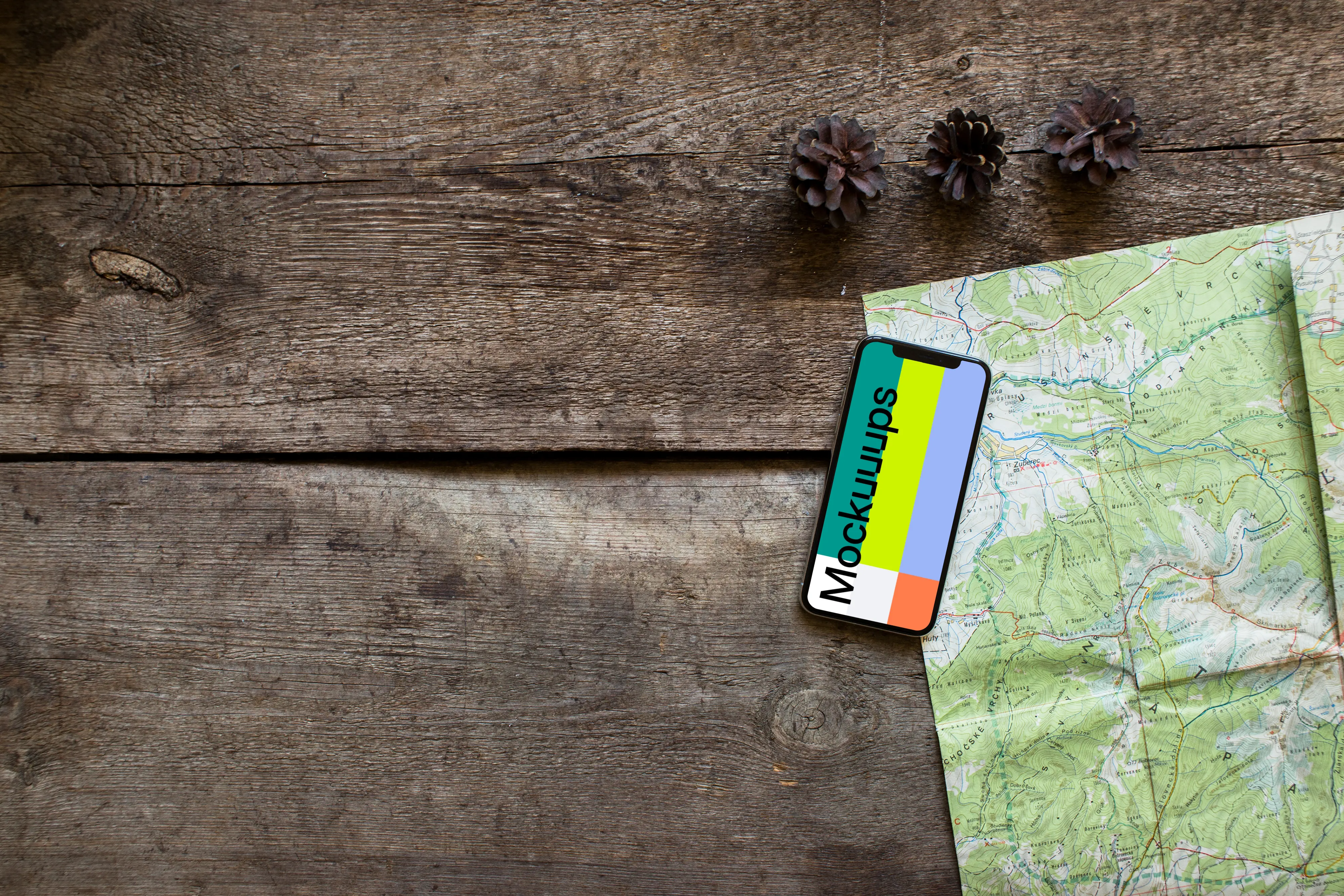 Rotated iPhone XS mockup with Yosemite map