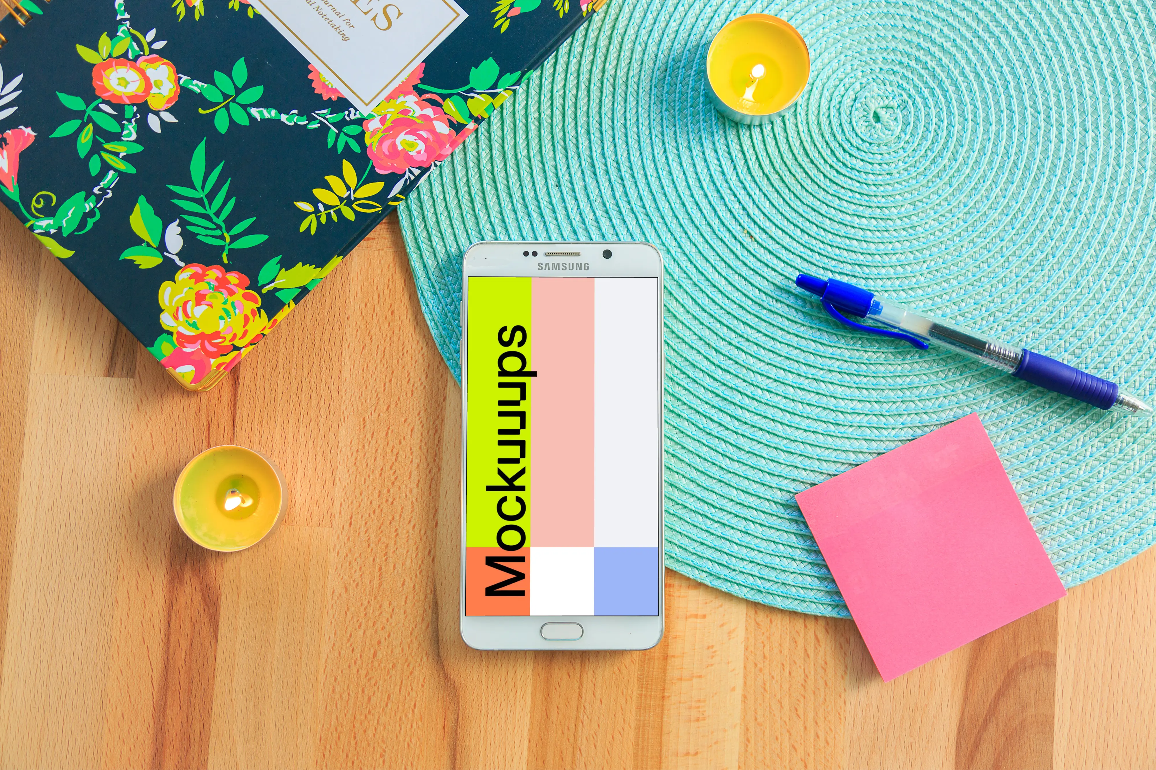 Samsung Galaxy S6 mockup on the wooden table