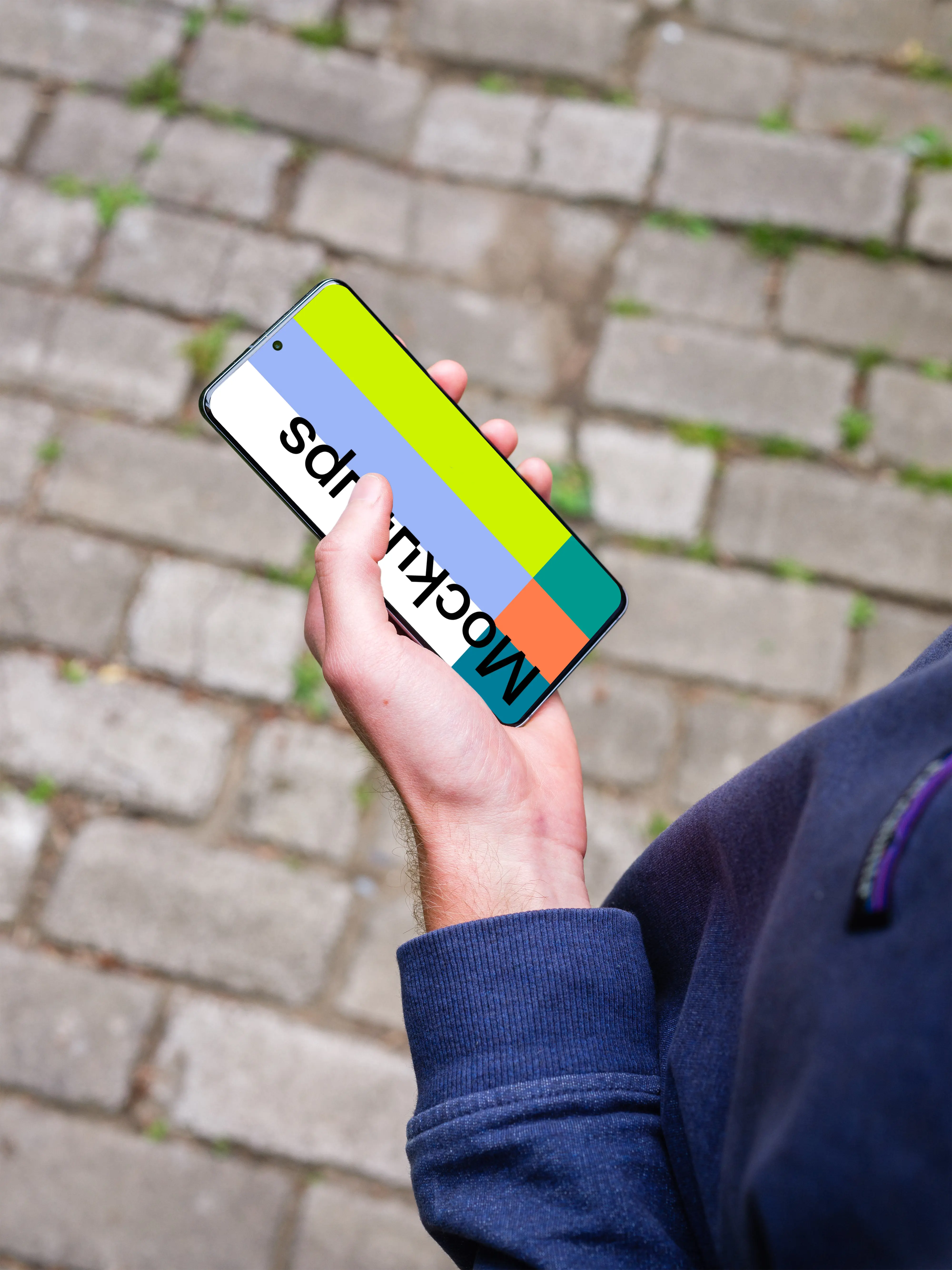 Scrolling on Samsung Galaxy S20 mockup in garden patio