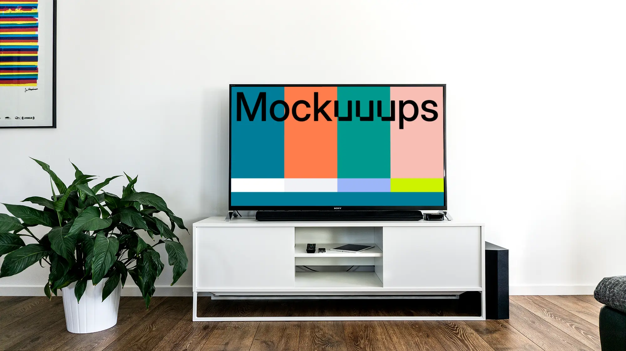 Smart television mockup beside a flower pot