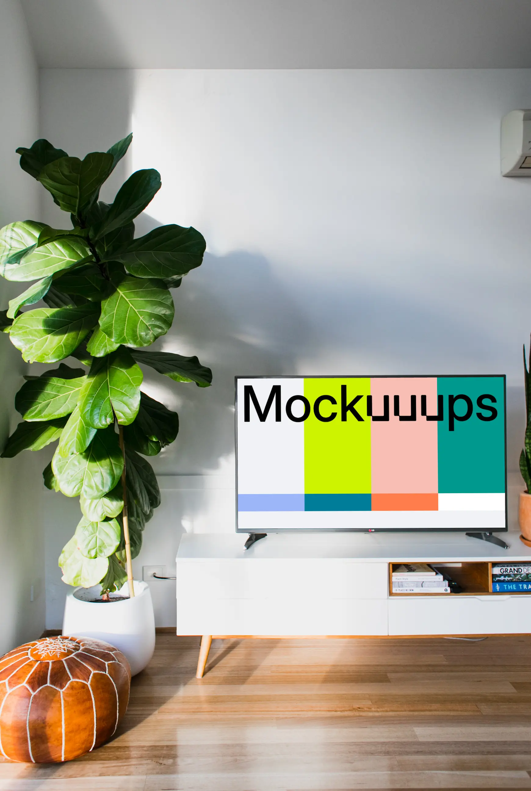 Smart television mockup on a white TV stand