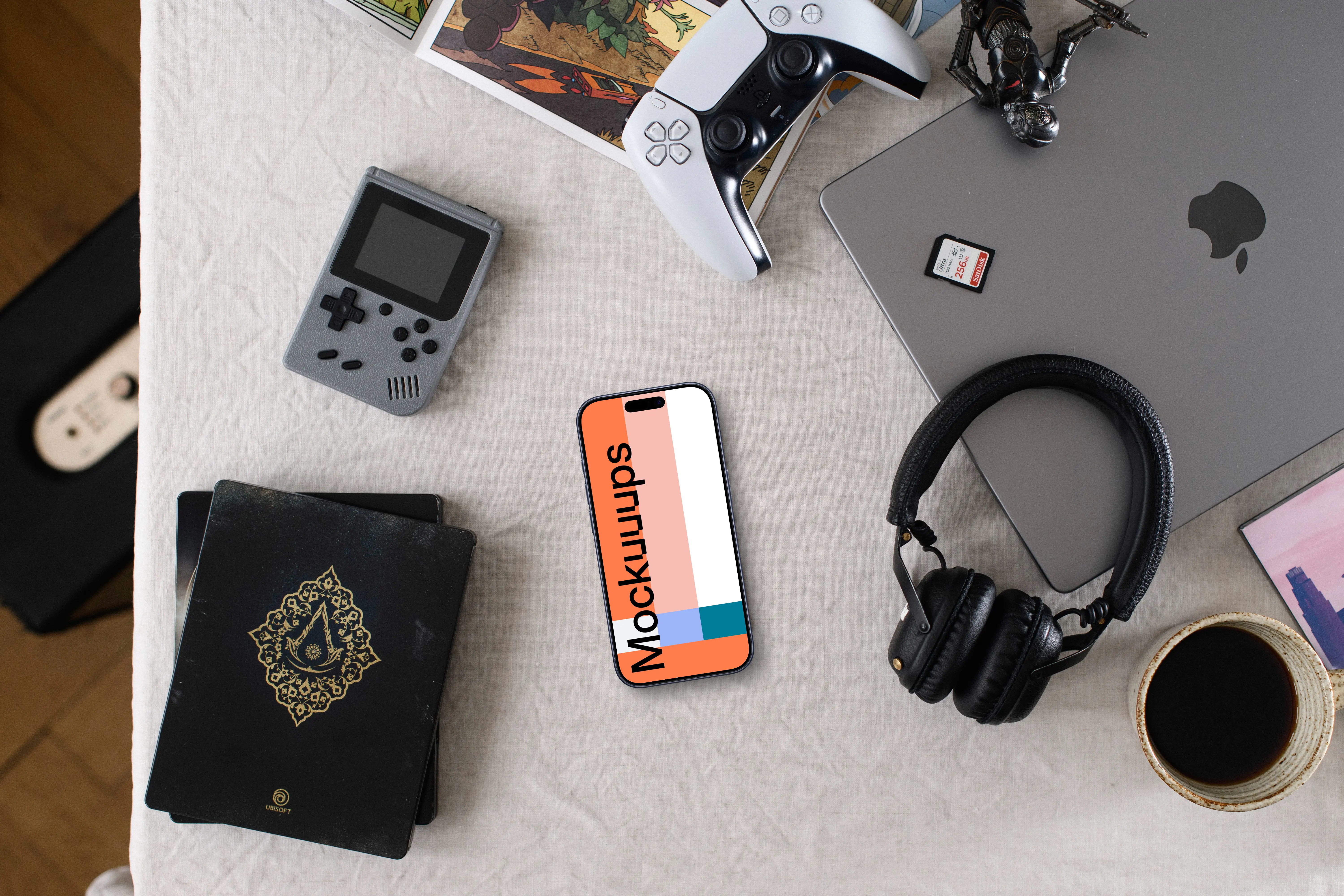 Smartphone mockup amid creative tech gadgets