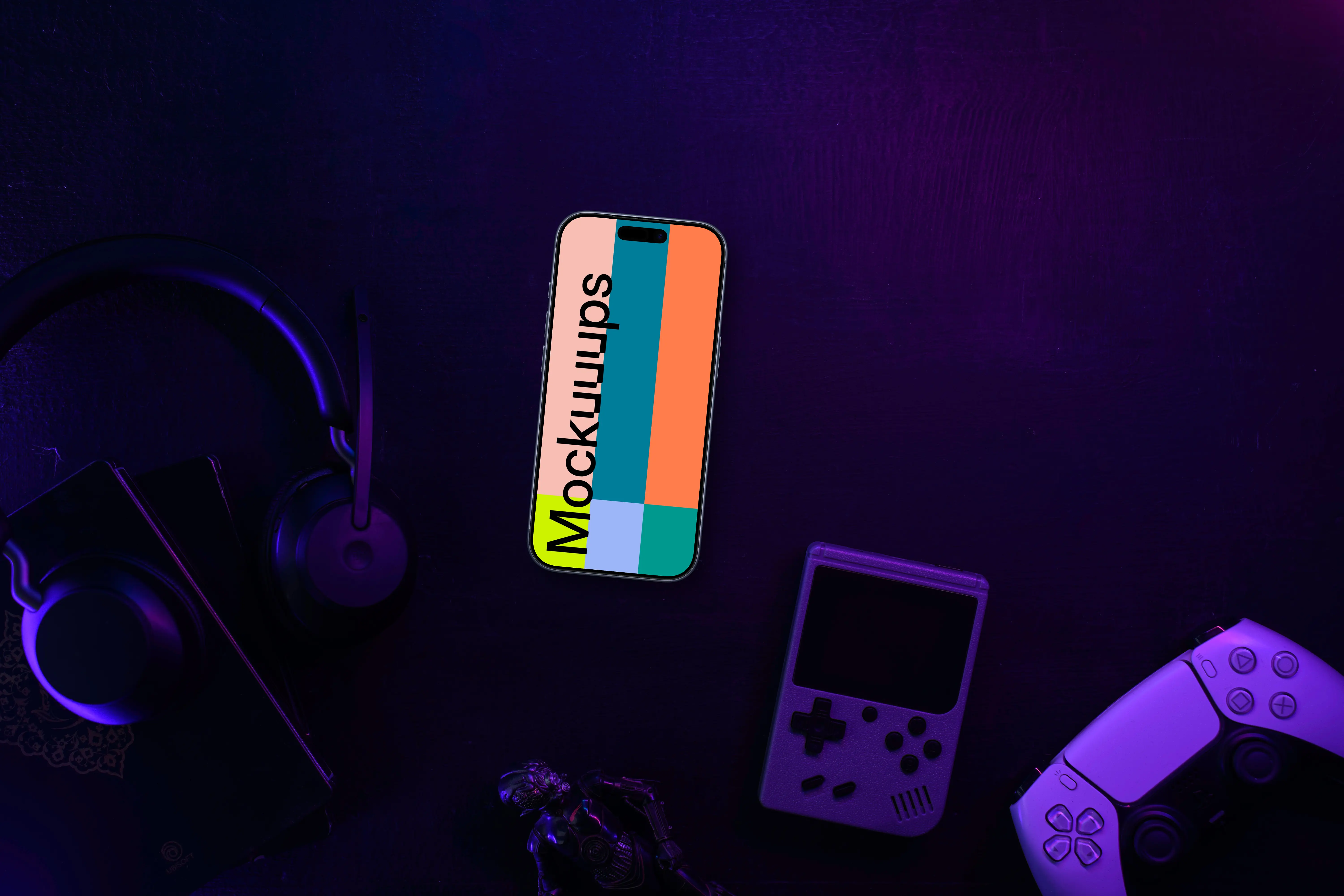 Smartphone mockup amid gaming gear