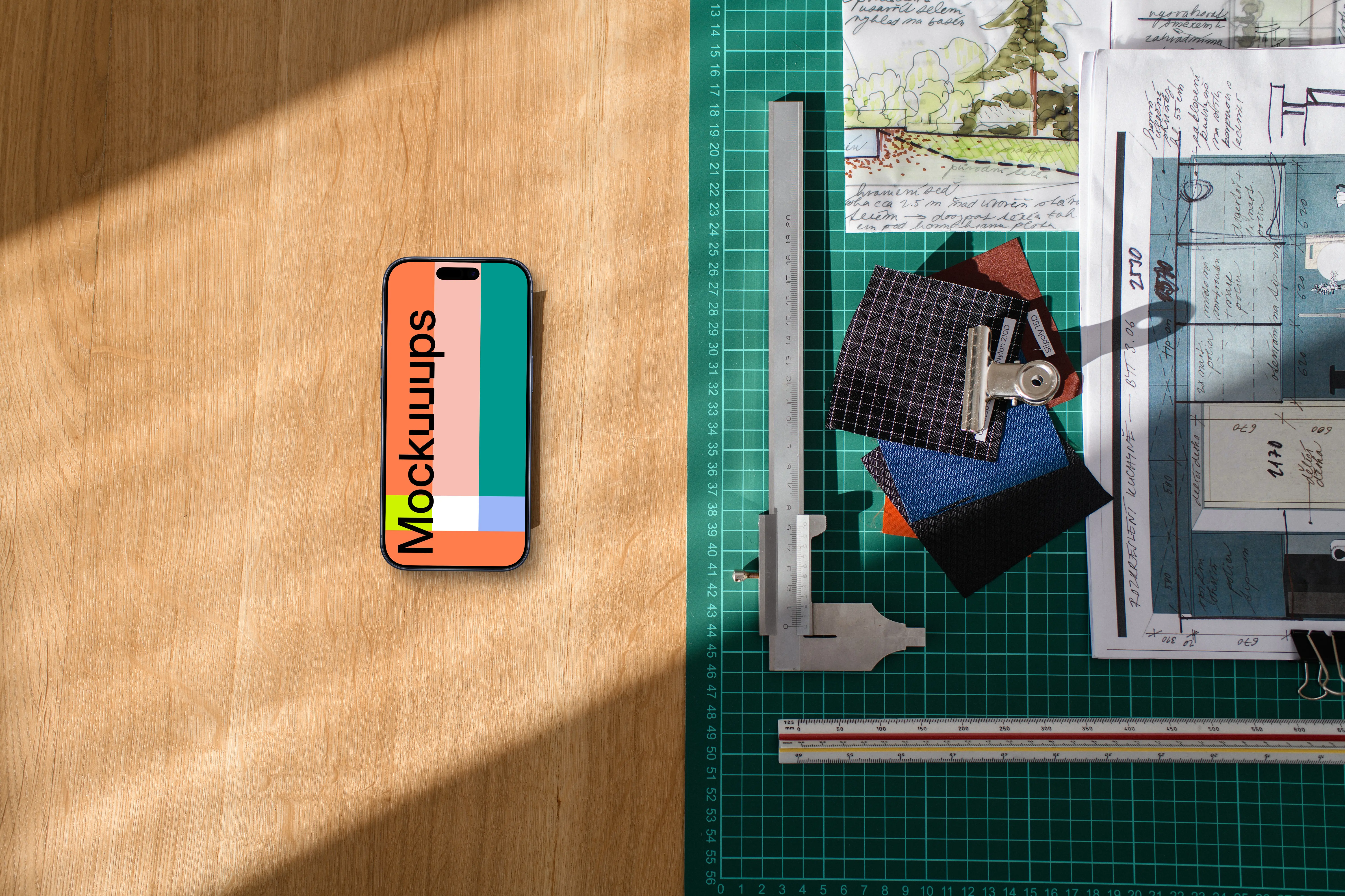 Smartphone mockup on architect's desk