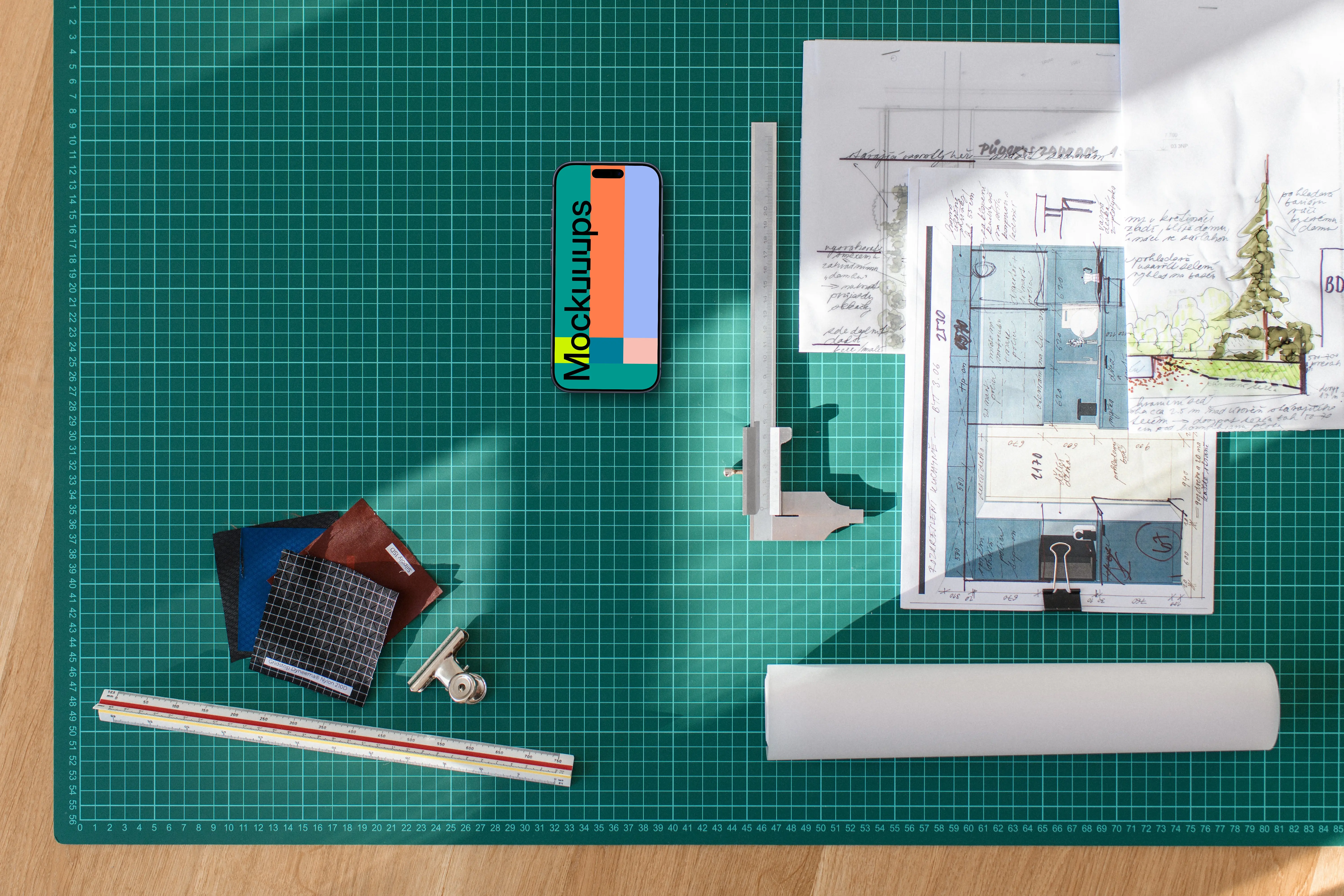 Smartphone mockup on architect's planning table