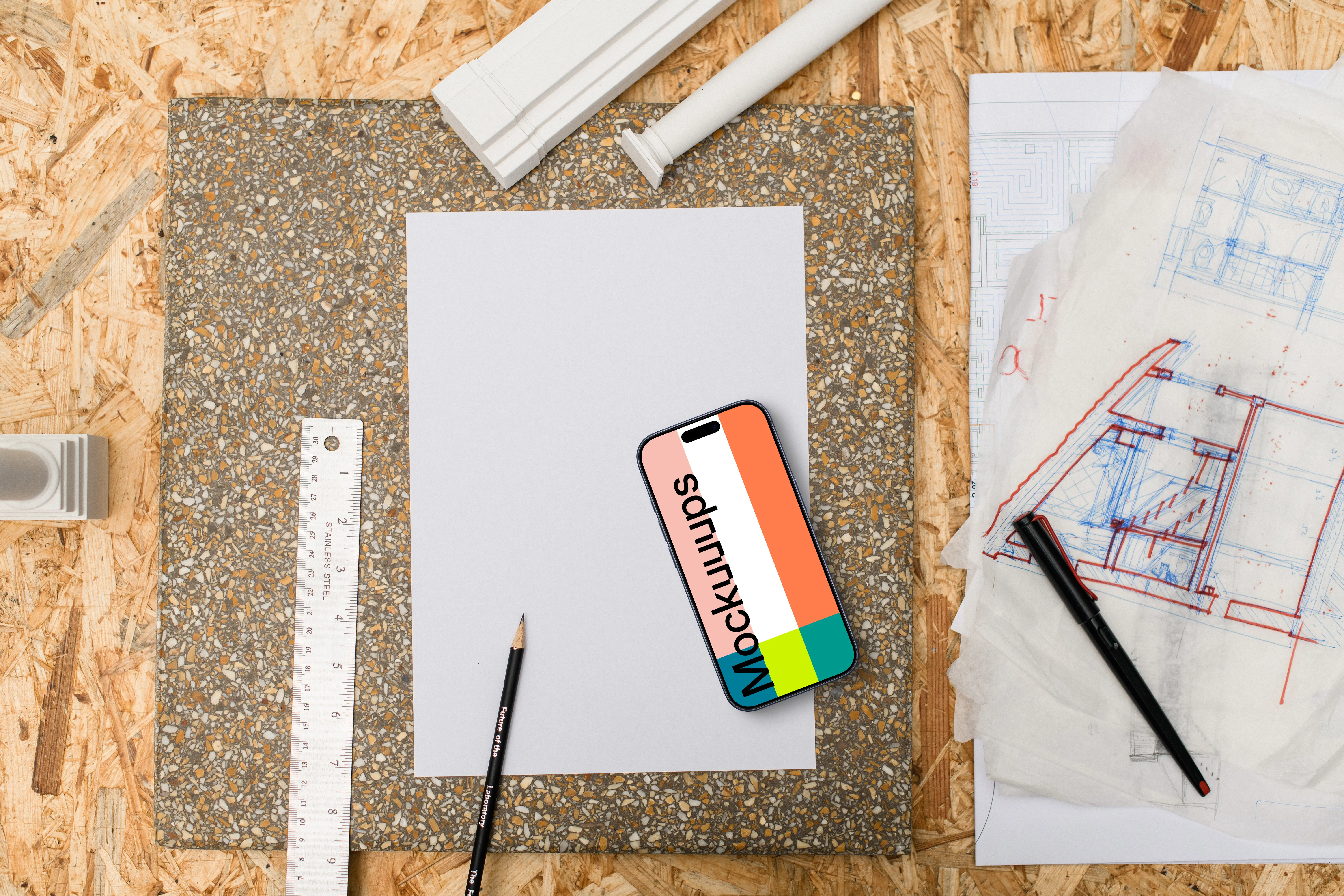 Smartphone mockup on architect's table with tools