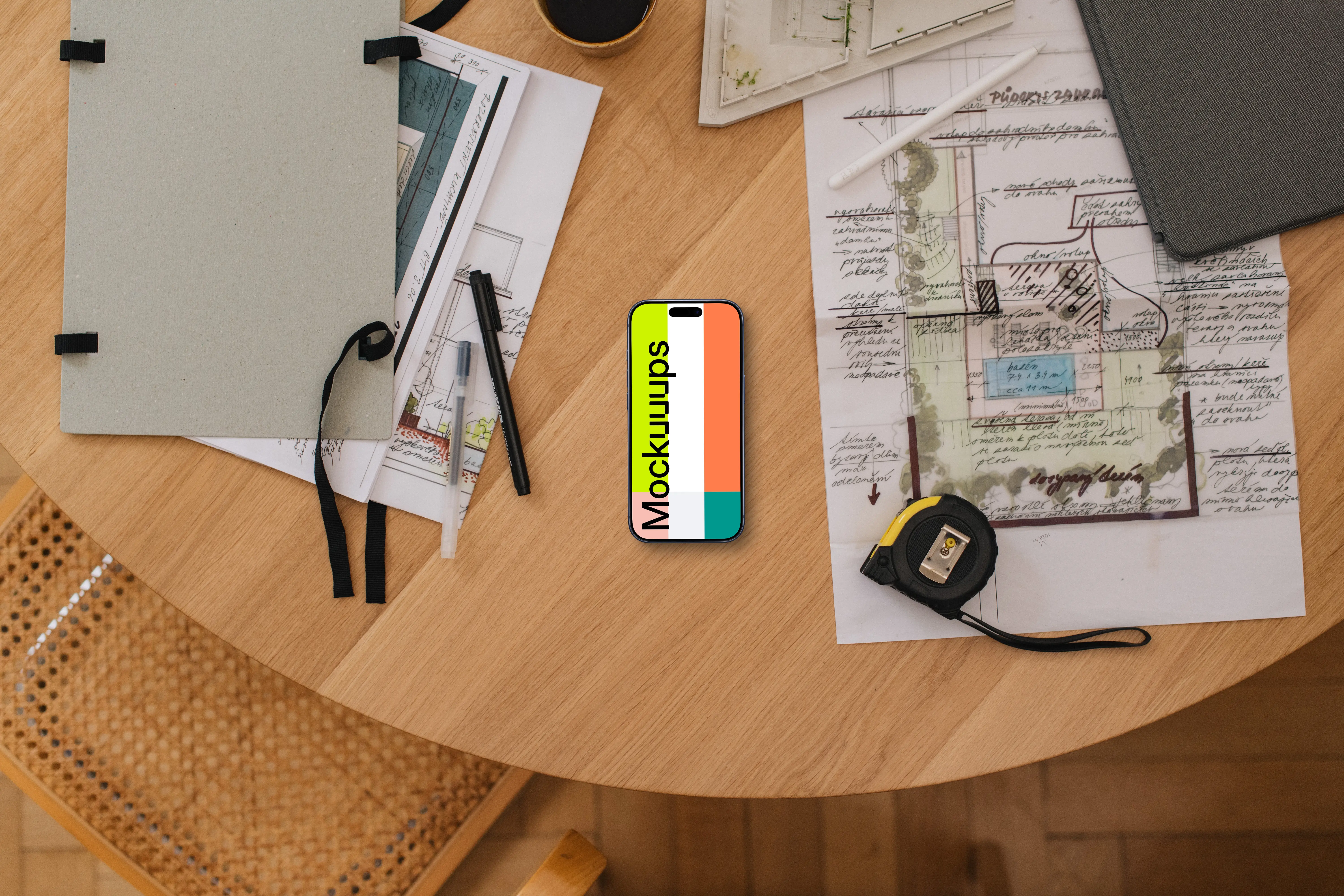 Smartphone mockup on architectural blueprints