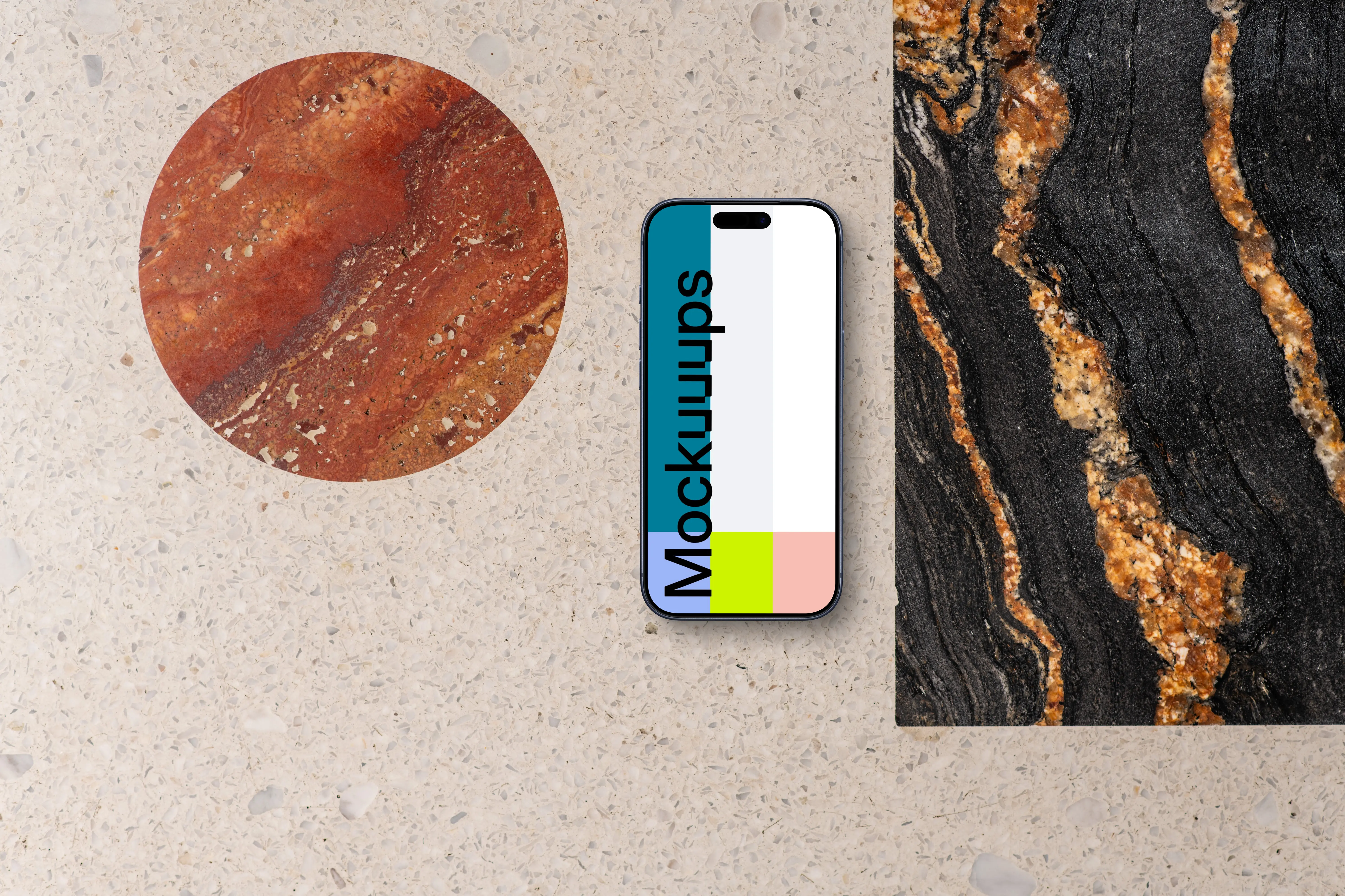 Smartphone mockup on dual-textured background