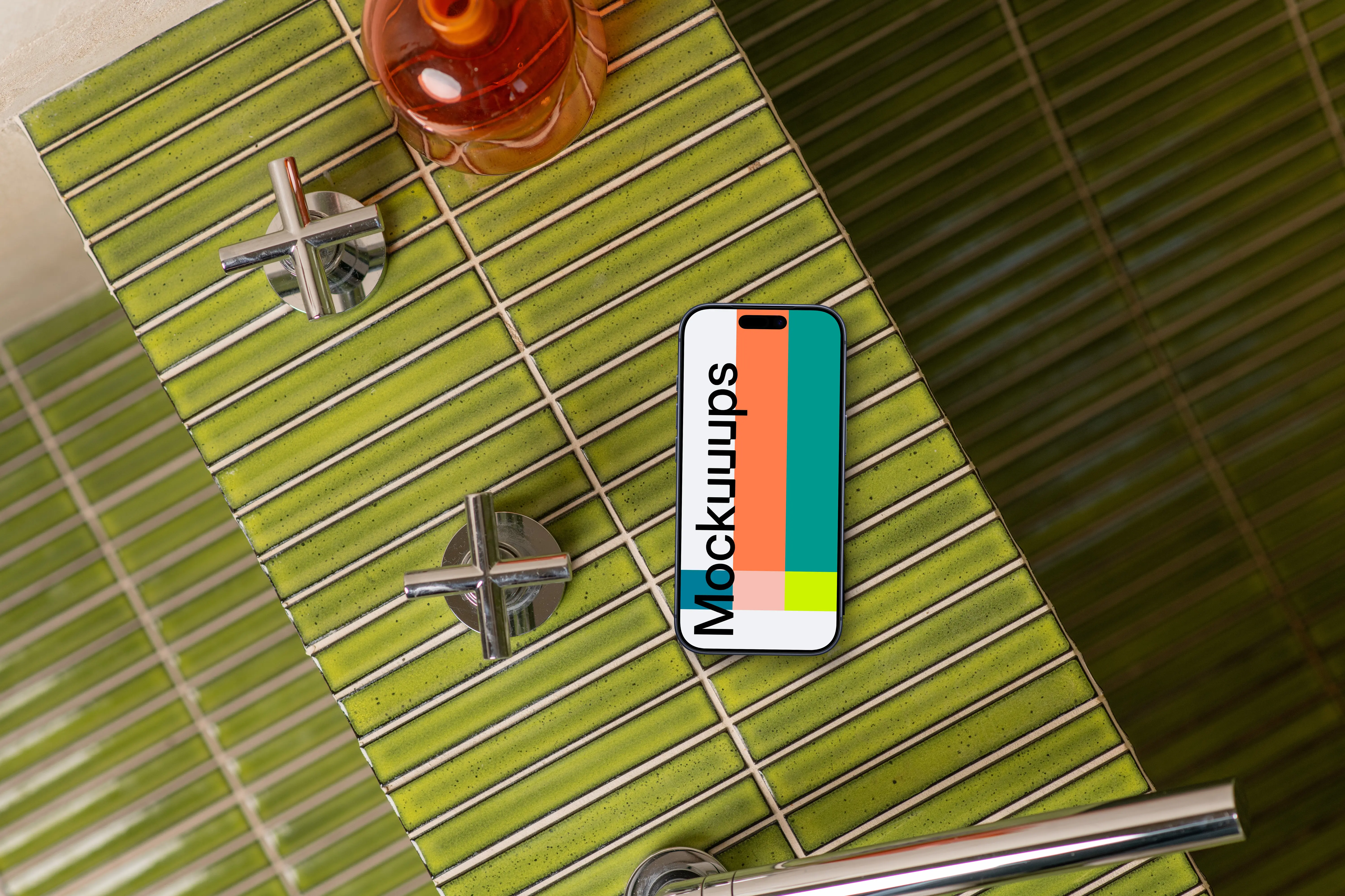 Smartphone mockup on tiled bathroom counter