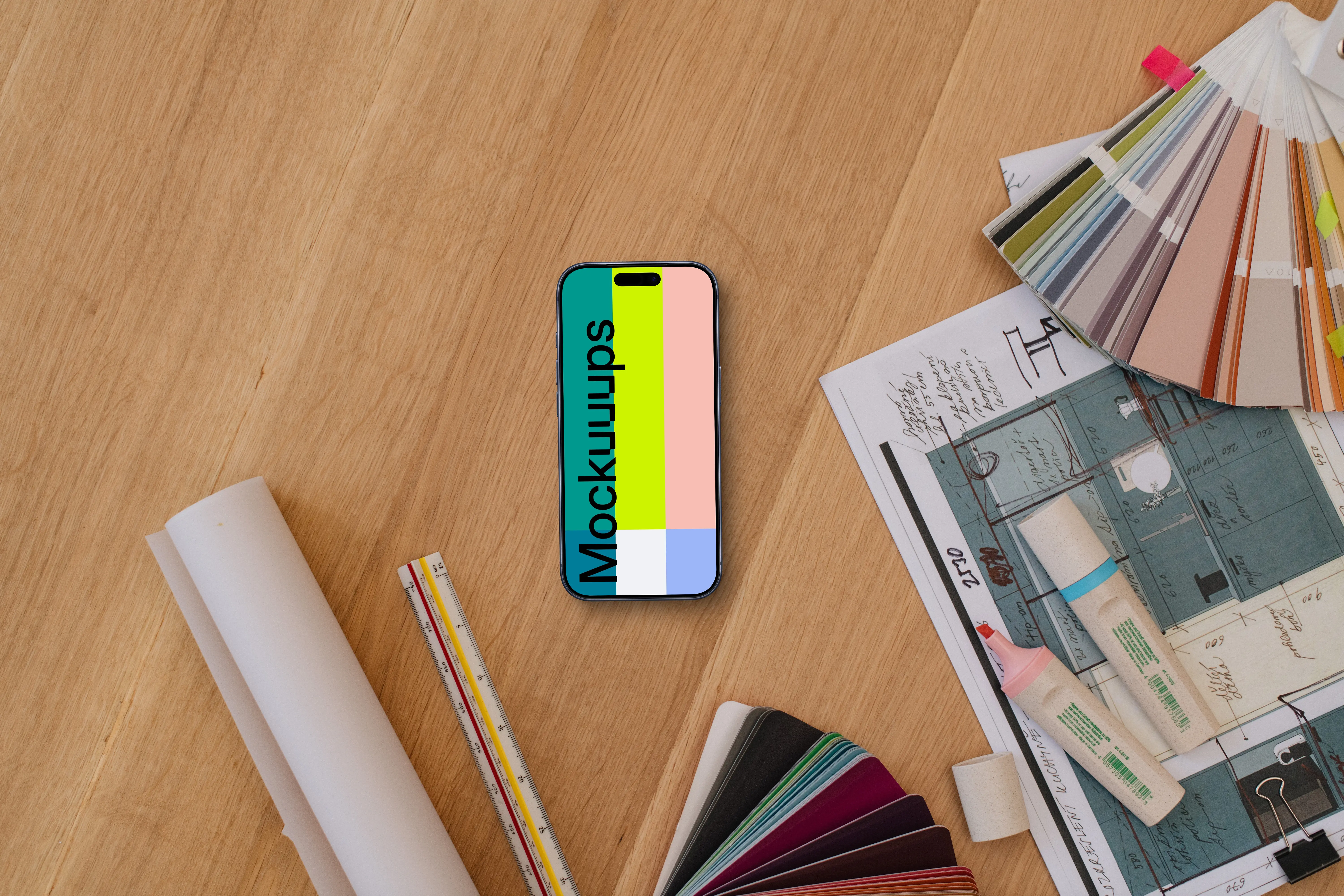 Smartphone mockup with architectural plans and color swatches