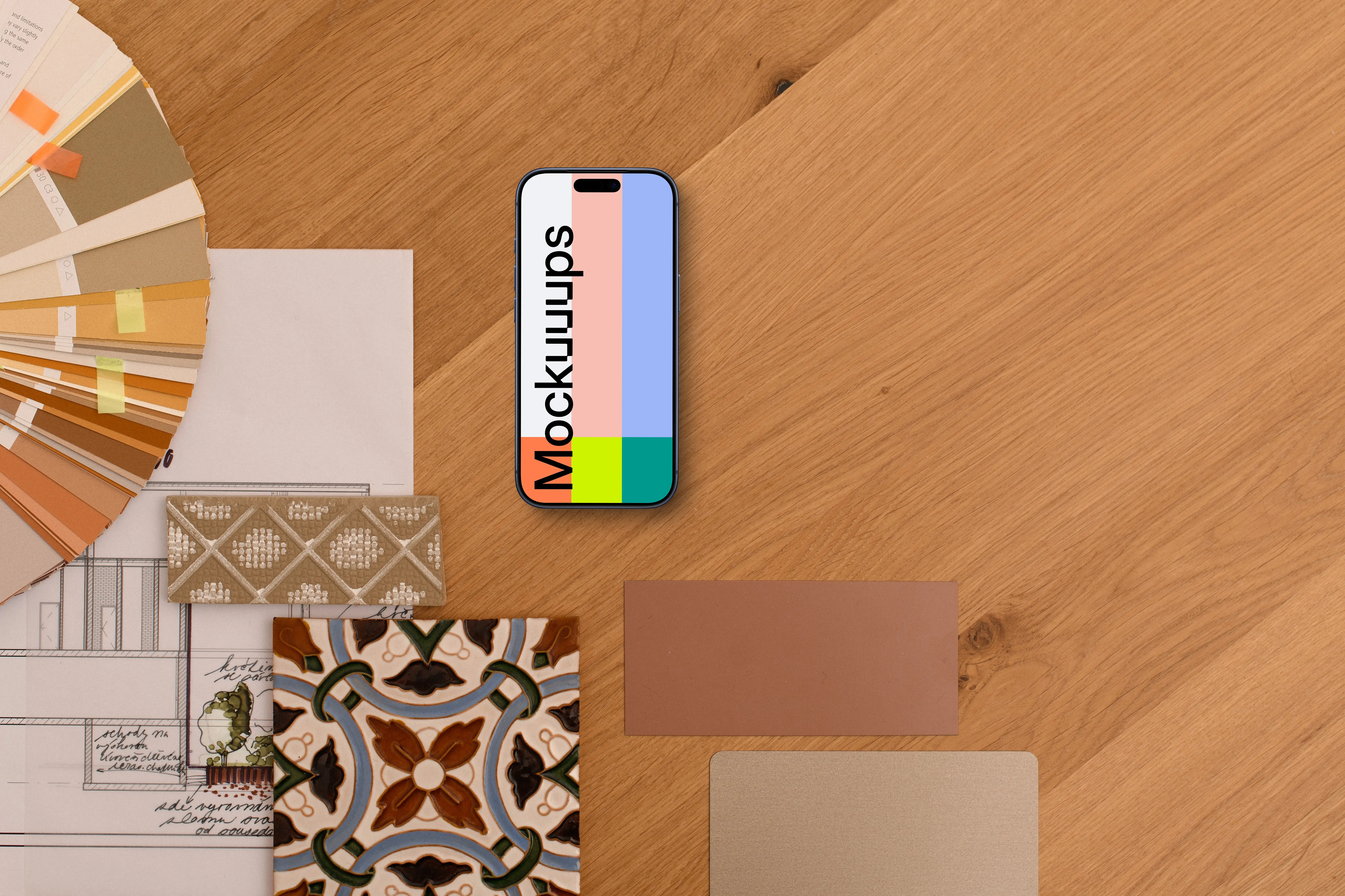 Smartphone mockup with architectural plans and samples