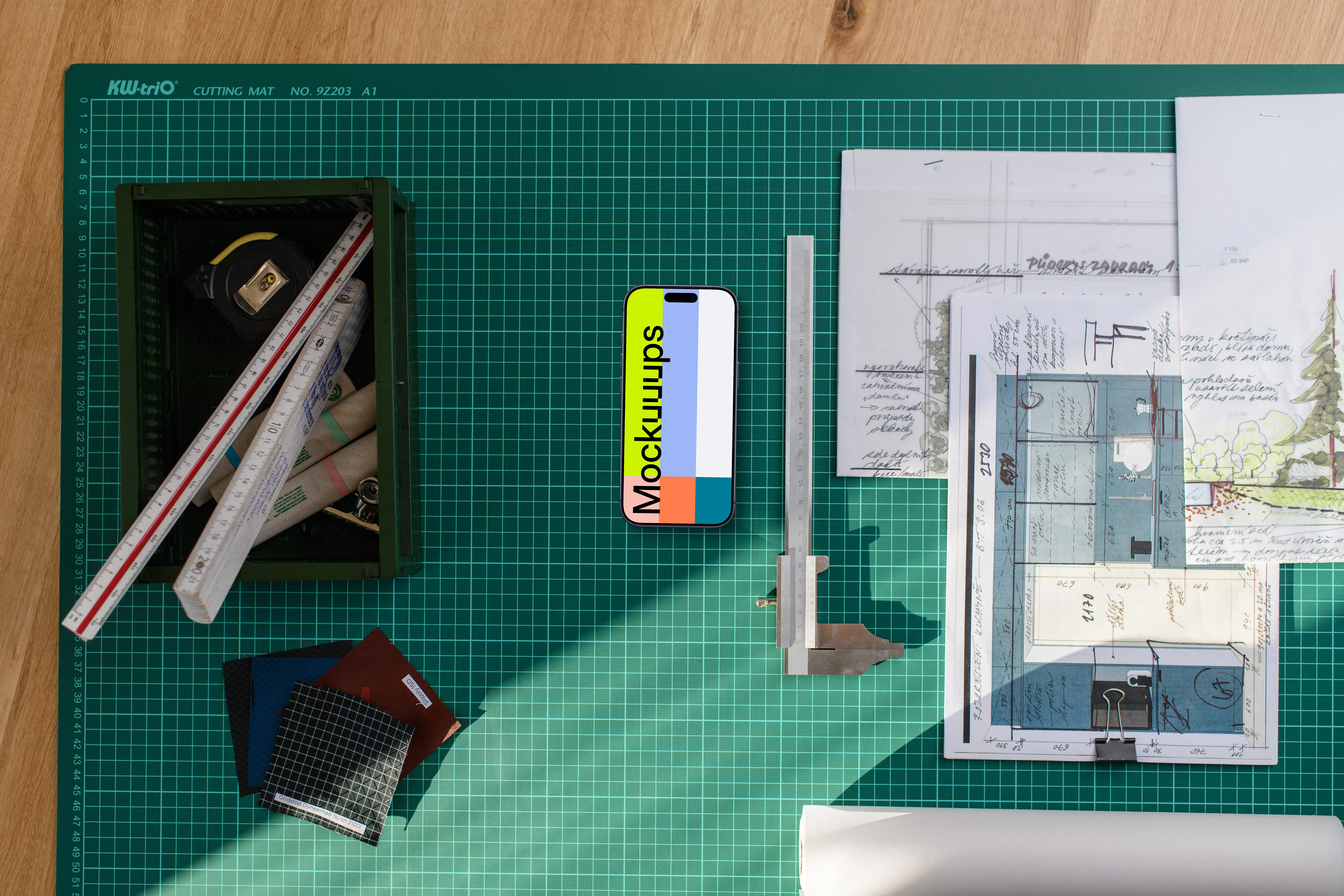 Smartphone mockup with architectural plans and tools