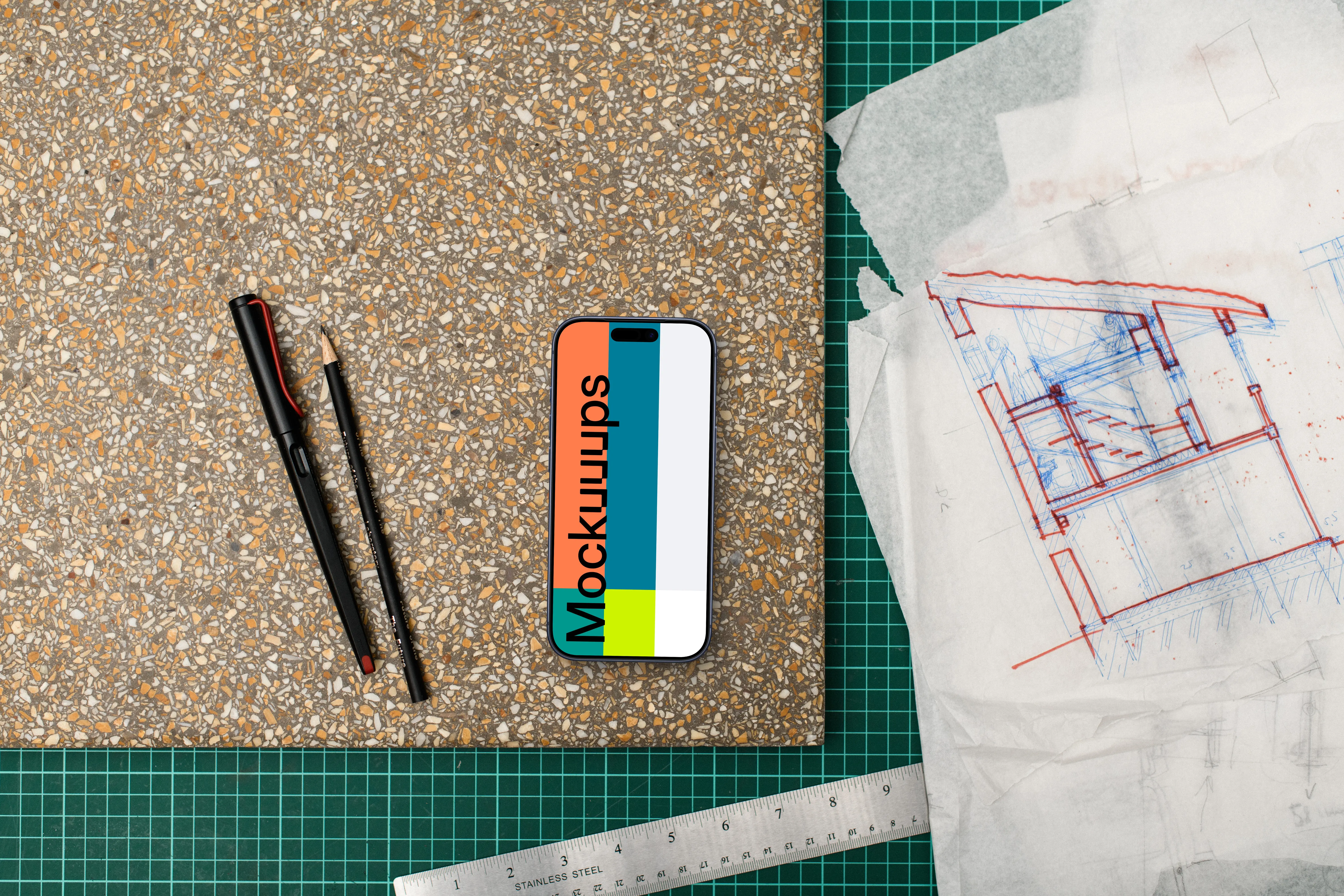 Smartphone mockup with architectural sketch