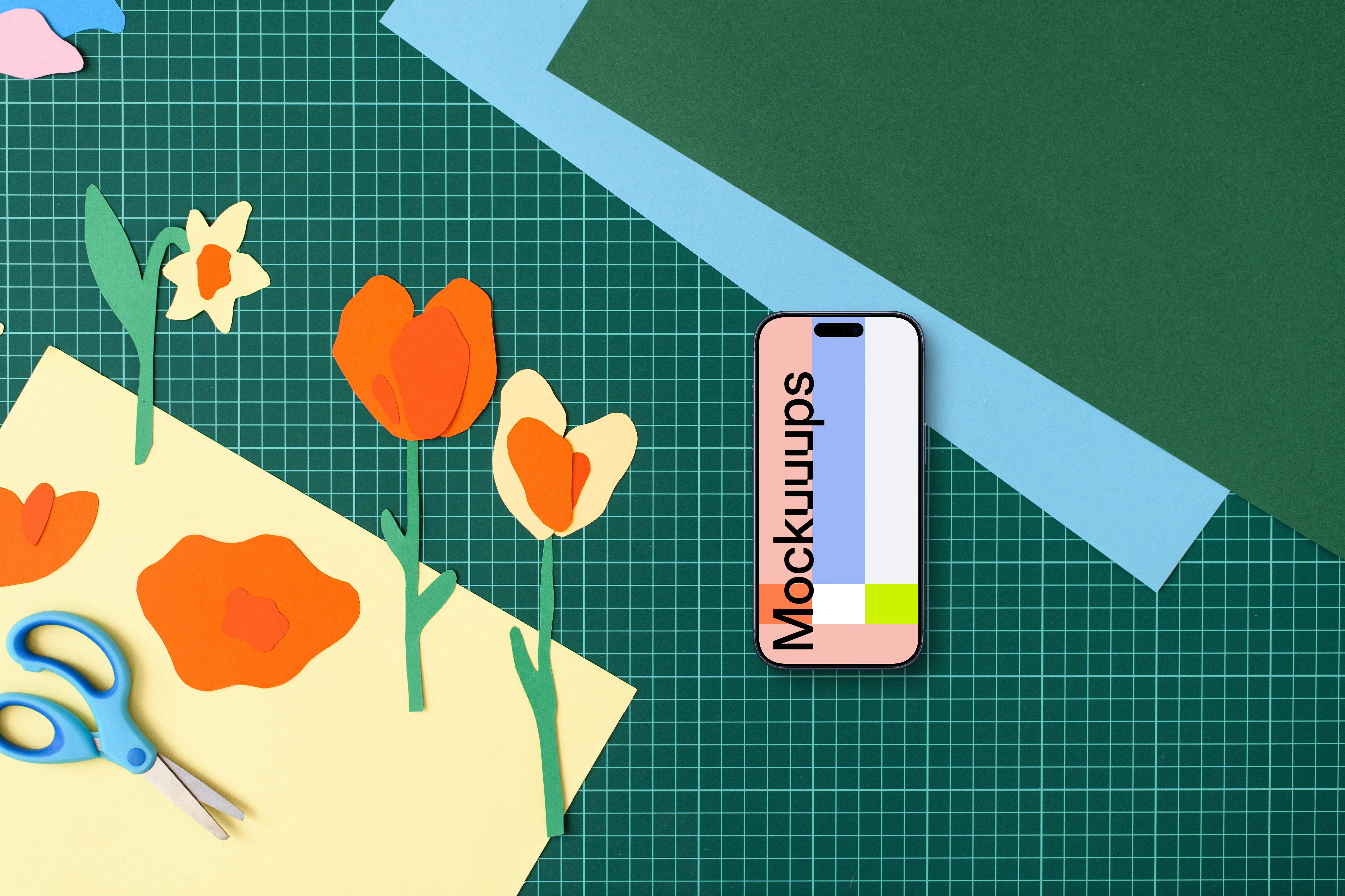 Smartphone mockup with colorful paper crafts