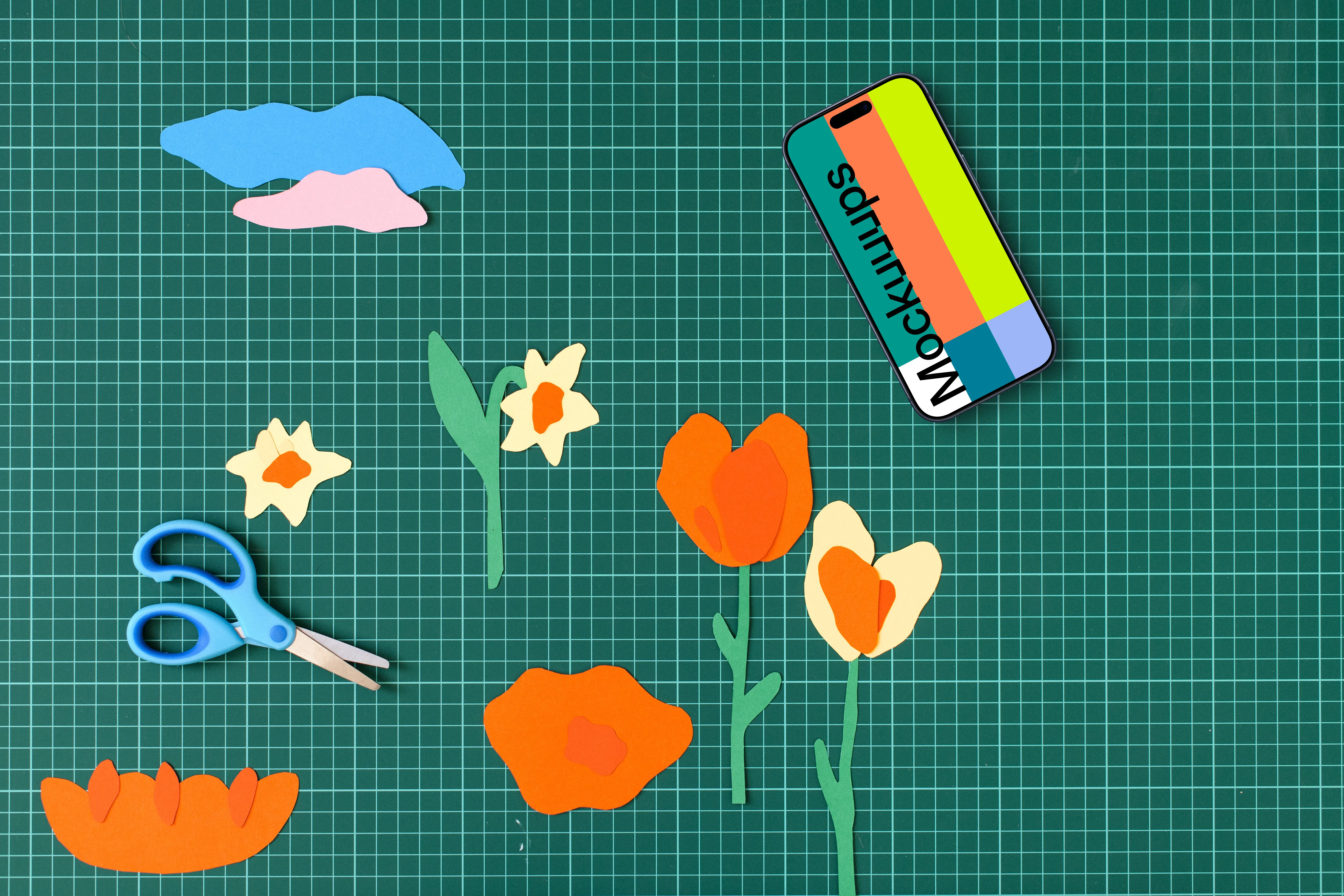 Smartphone mockup with colorful paper crafts