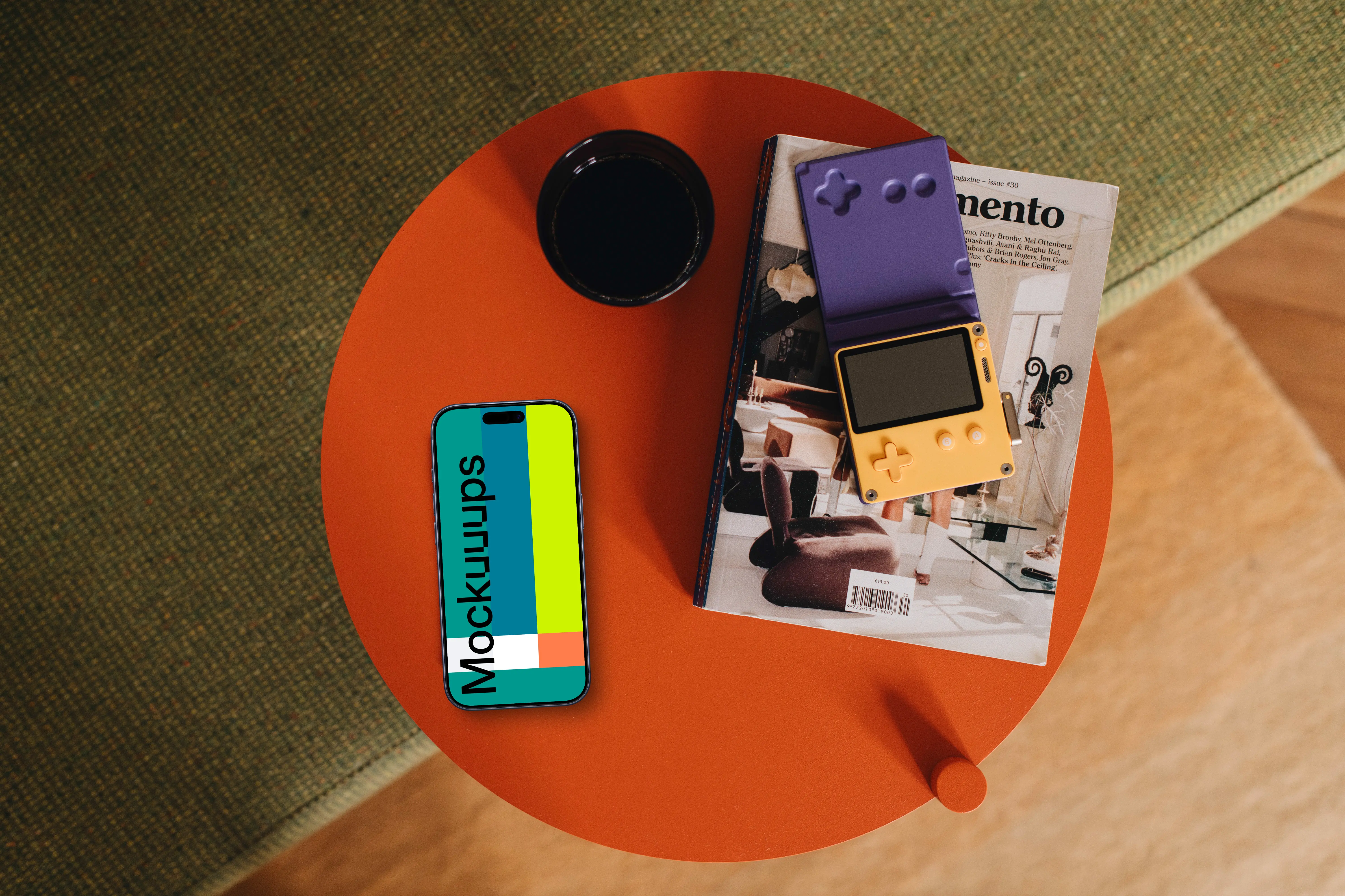 Smartphone mockup with gadgets on modern table