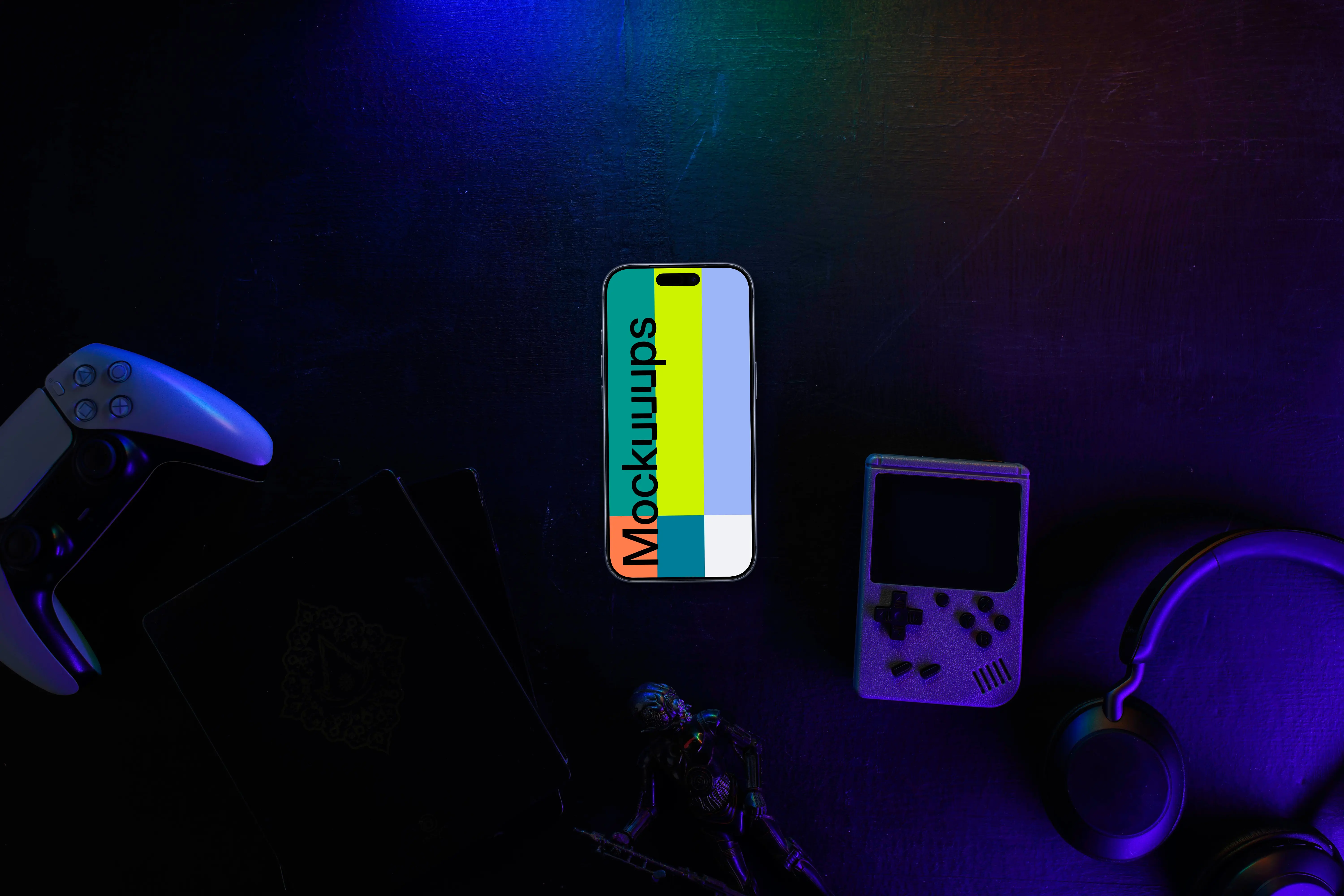 Smartphone mockup with gaming gadgets on dark background