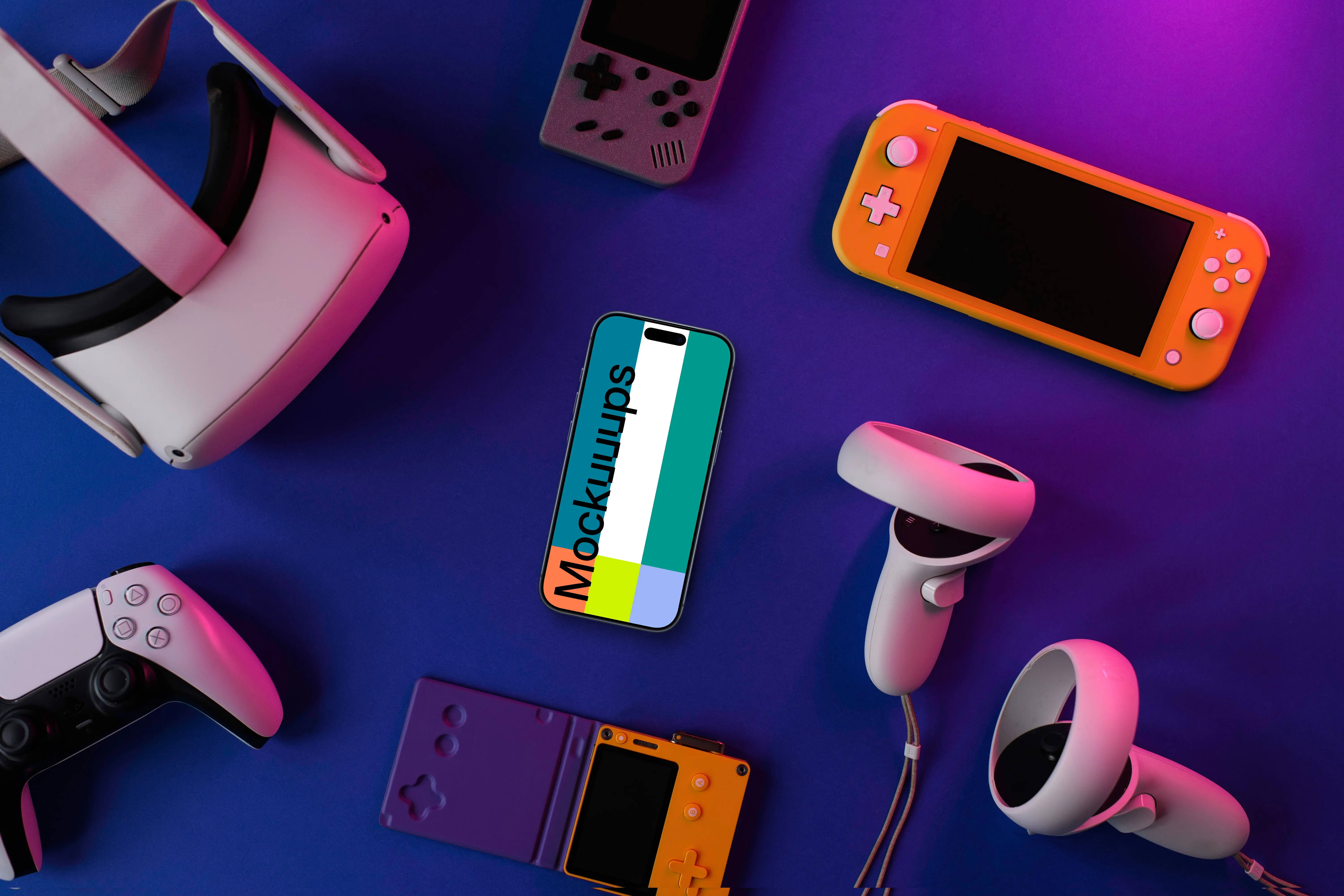Smartphone mockup with gaming gadgets on purple backdrop