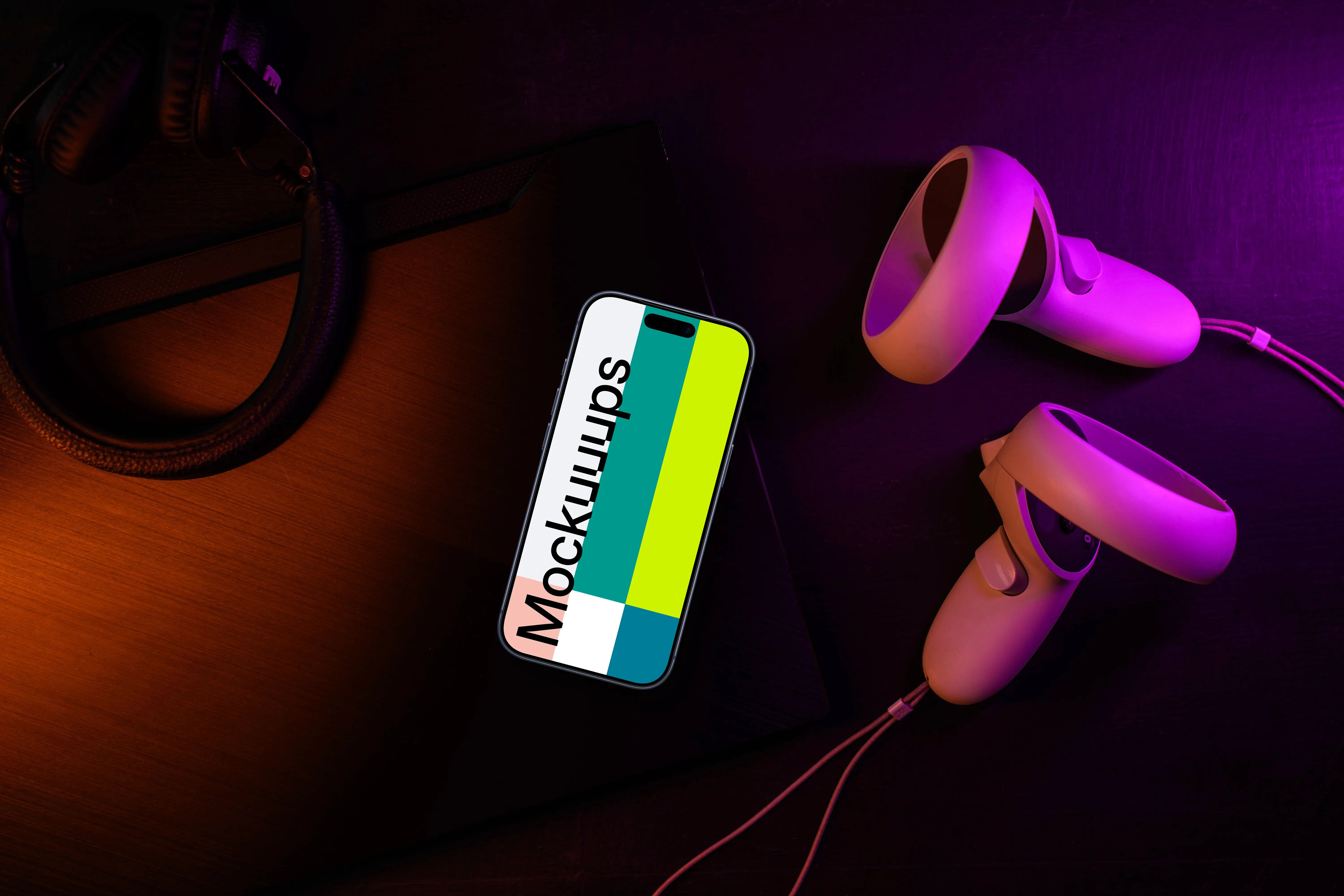 Smartphone mockup with gaming headset and controller