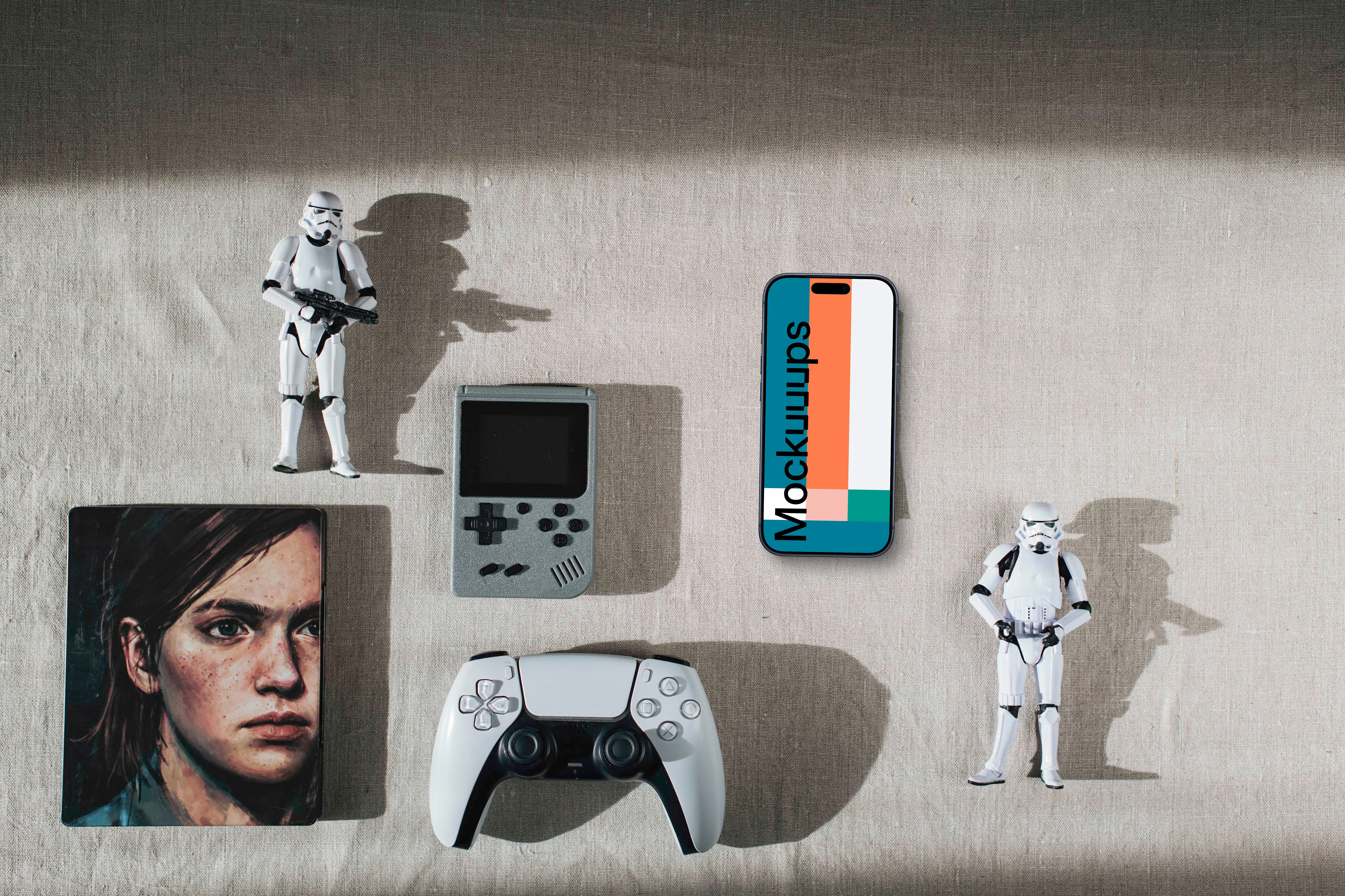 Smartphone mockup with gaming theme and collectibles