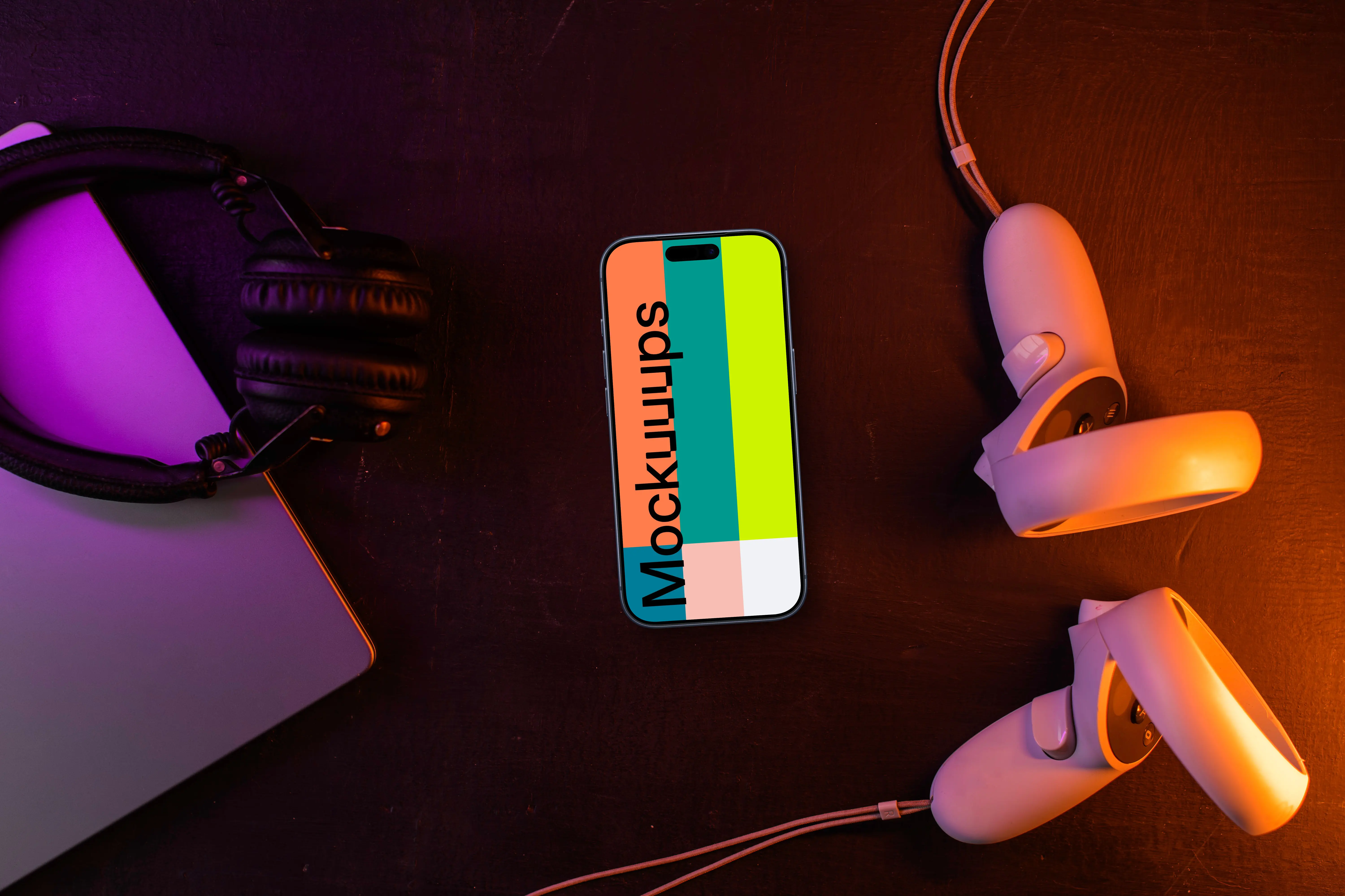 Smartphone mockup with headphones and VR headset