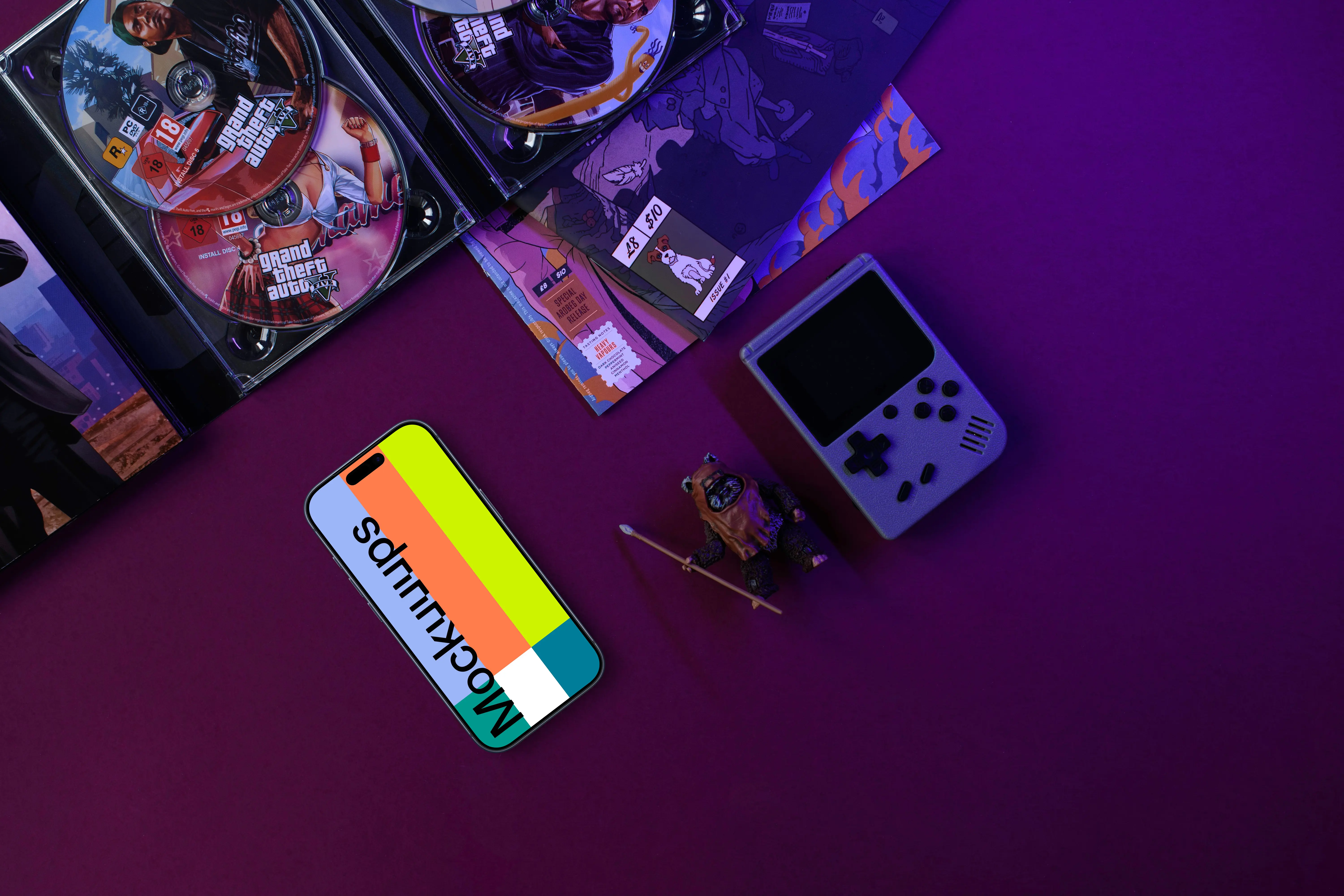 Smartphone mockup with retro gaming theme