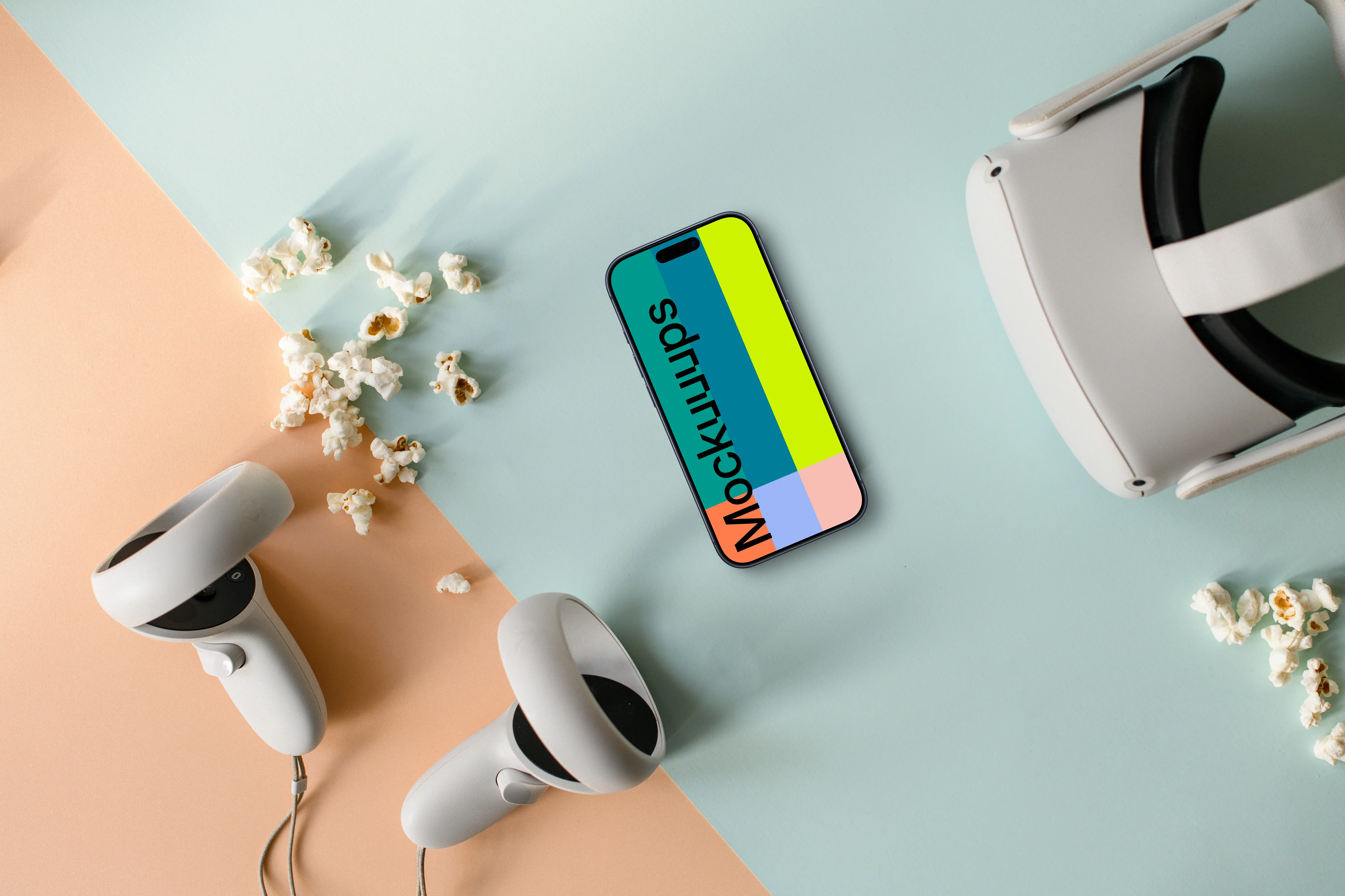 Smartphone mockup with VR headset and controllers on dual-tone background