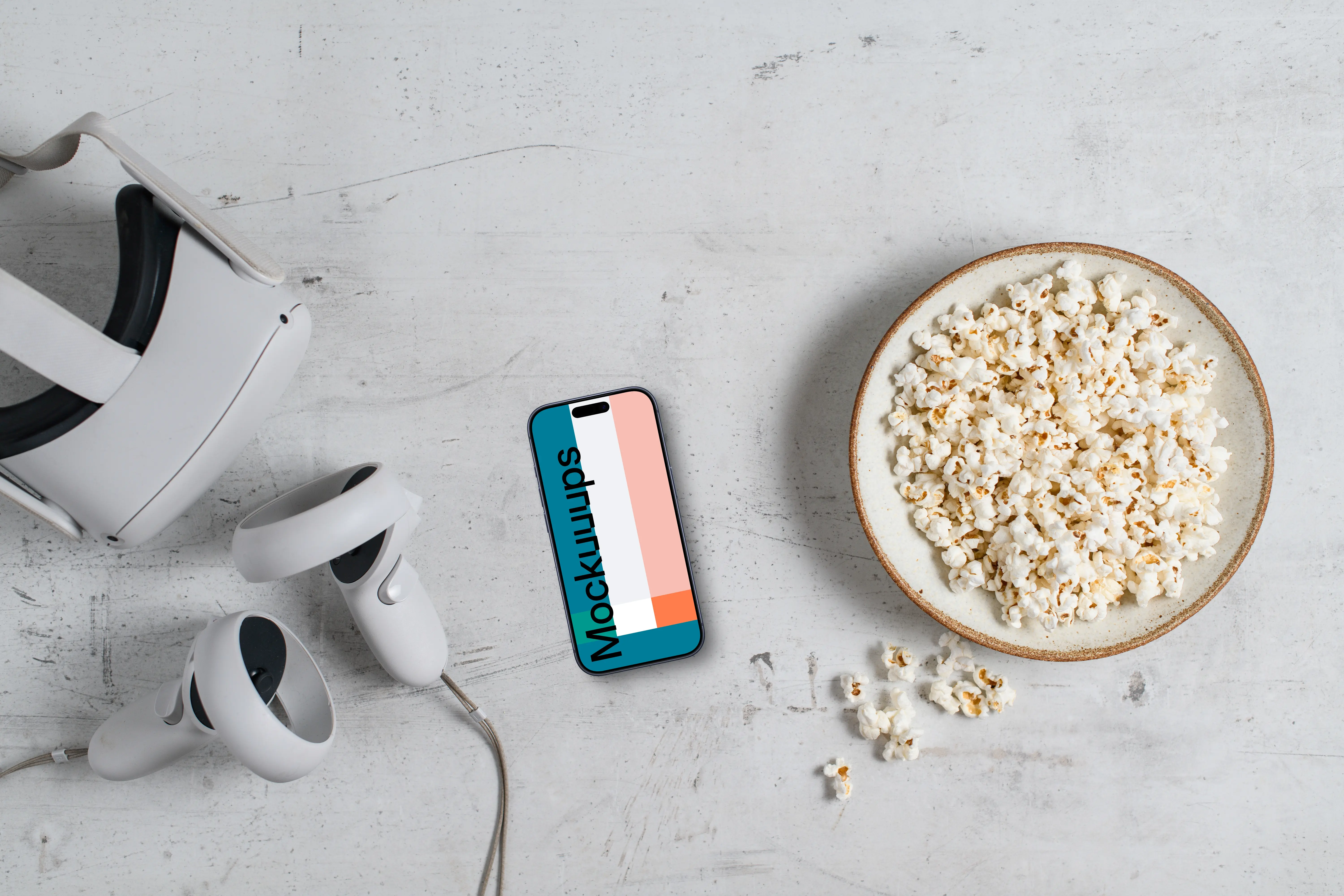 Smartphone mockup with VR headset and gaming accessories