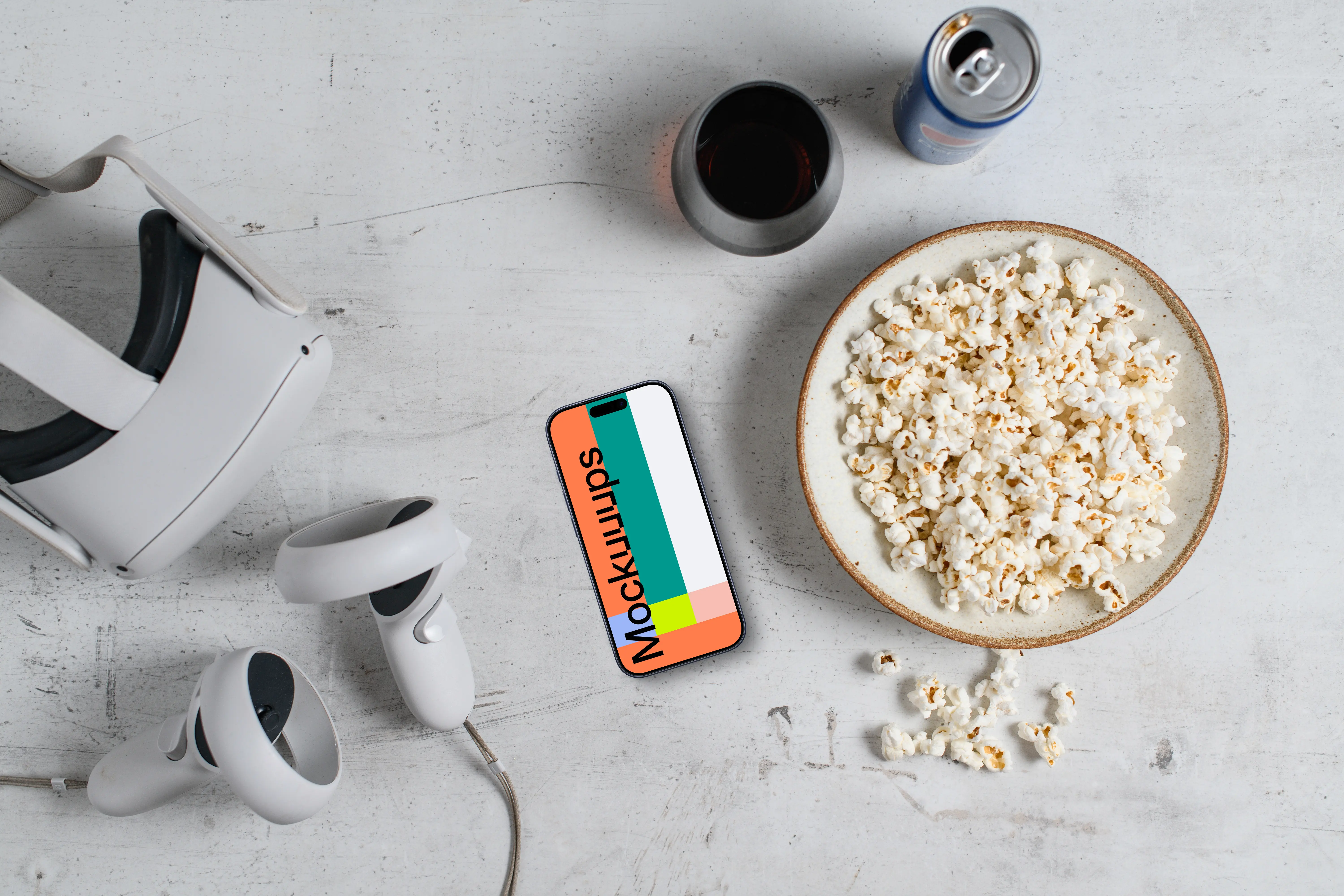 Smartphone mockup with VR headset and gaming accessories