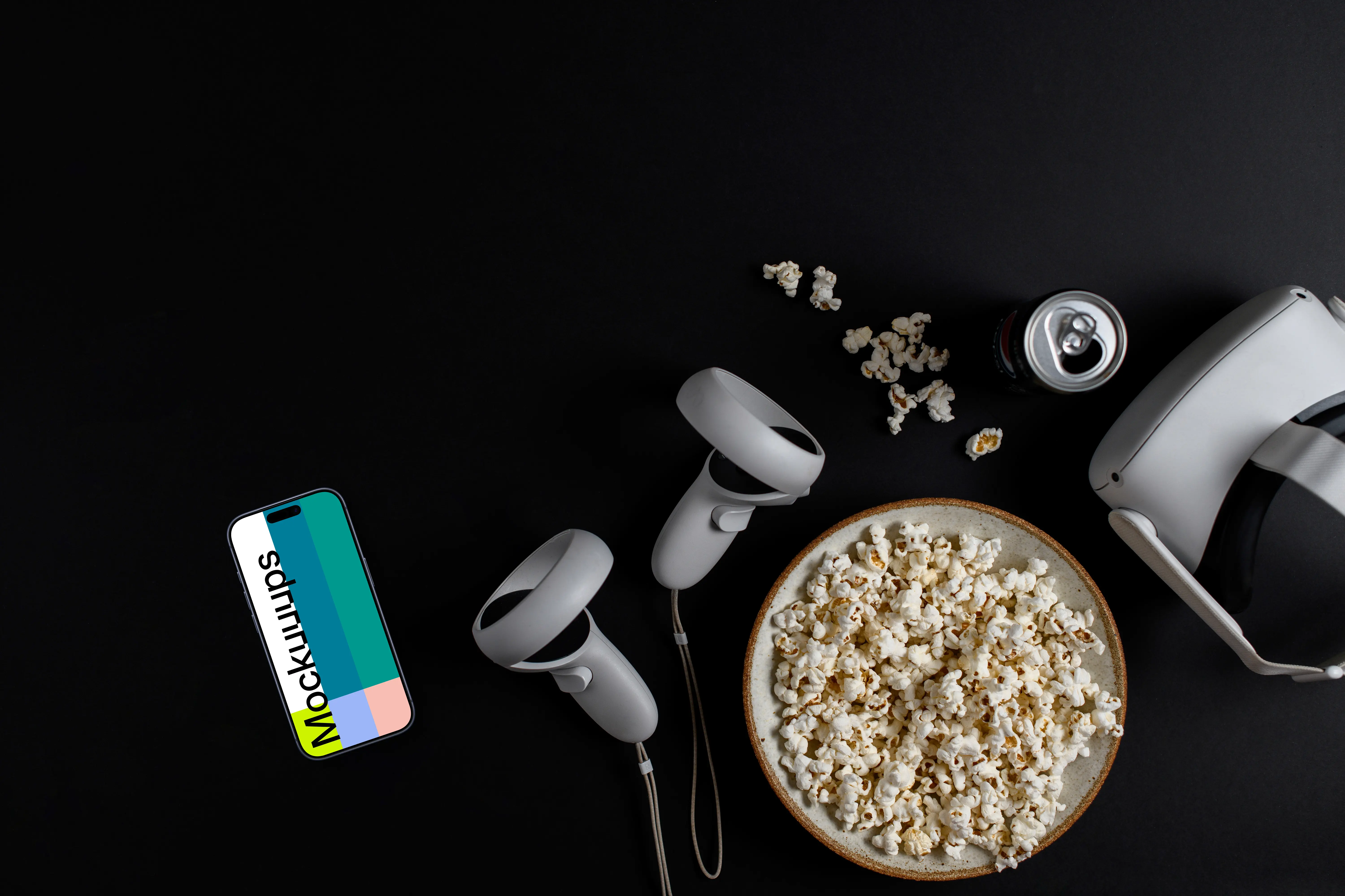 Smartphone mockup with VR headset and gaming snacks