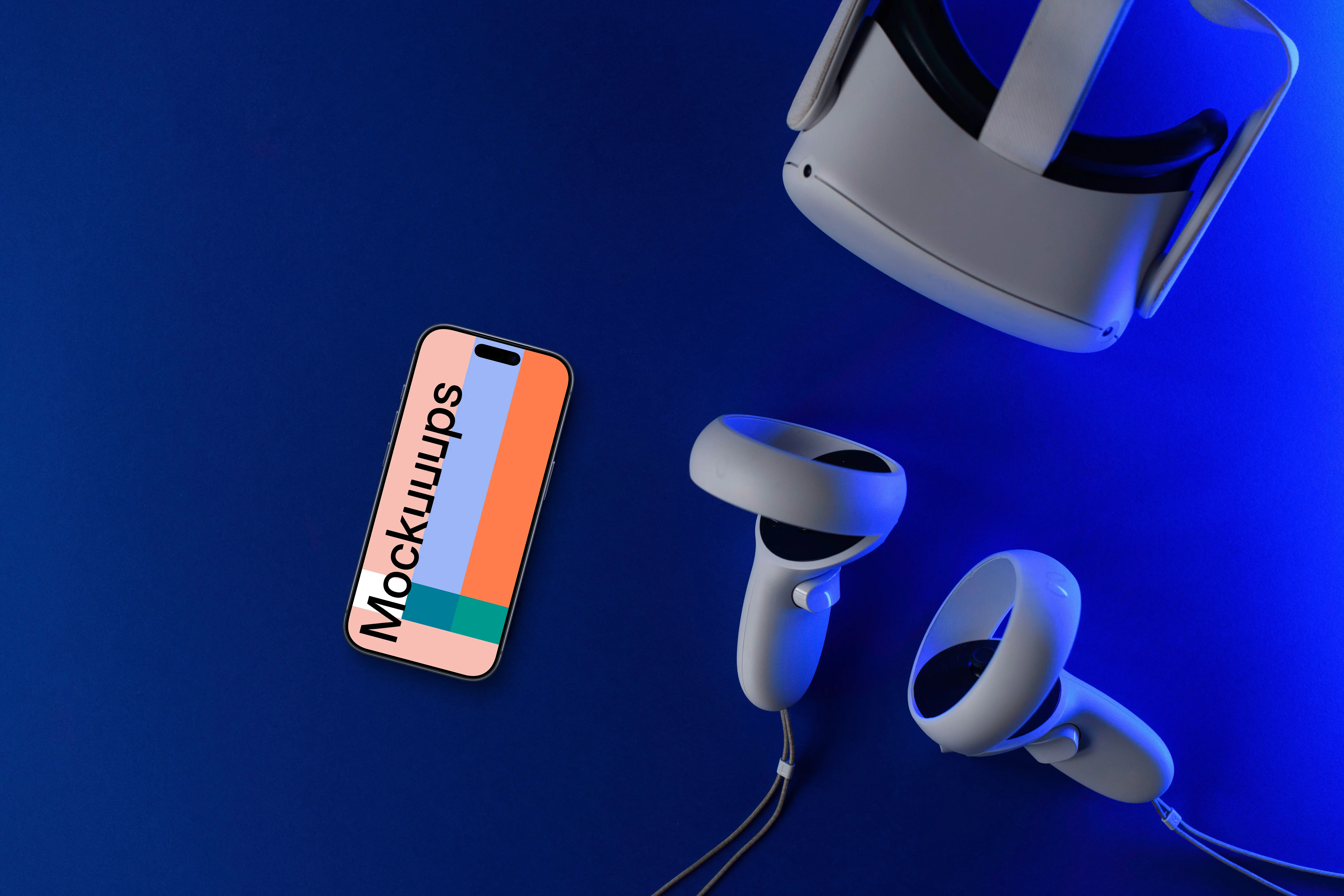 Smartphone mockup with VR headset on blue background