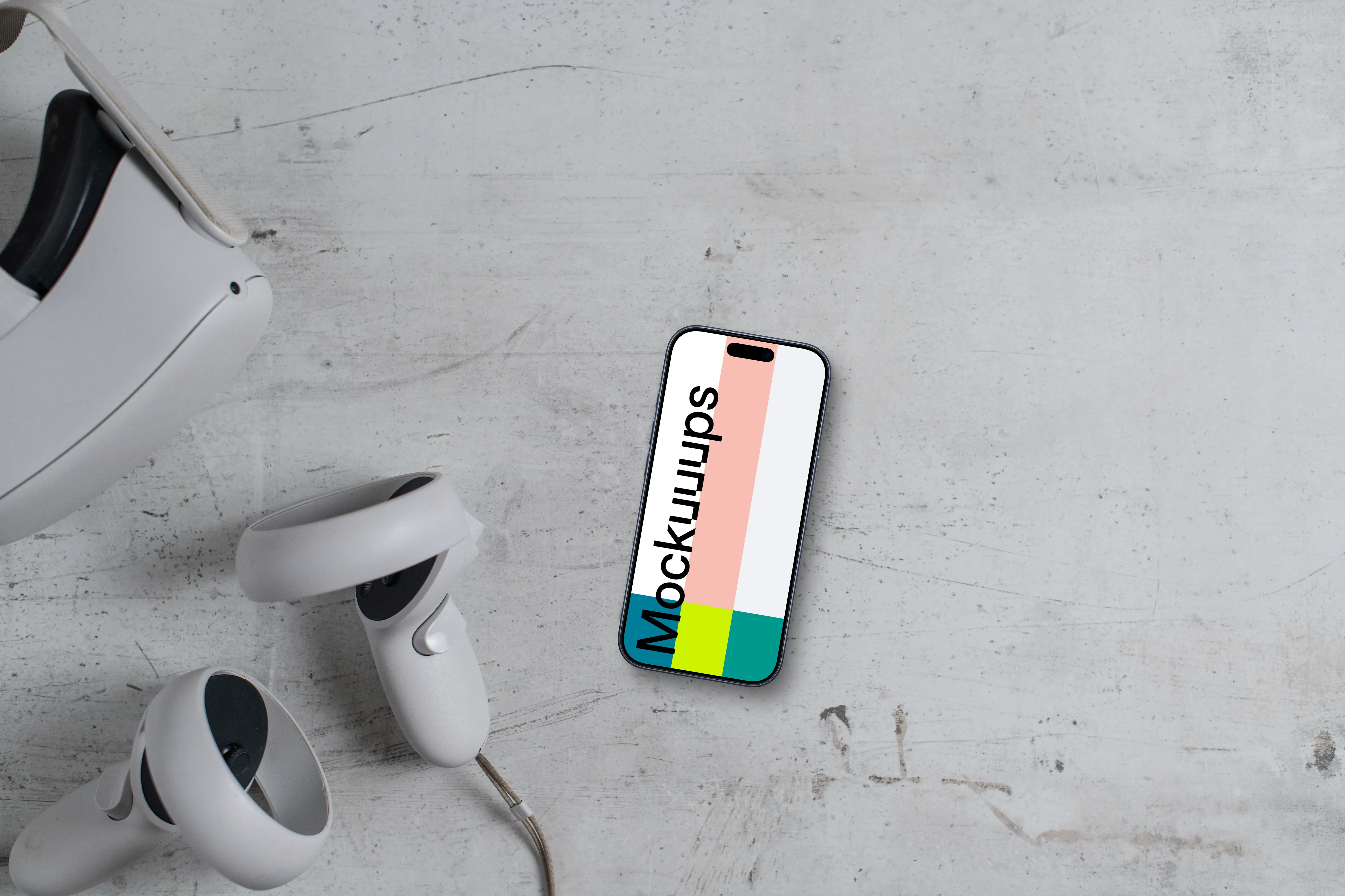 Smartphone mockup with VR headset on concrete surface